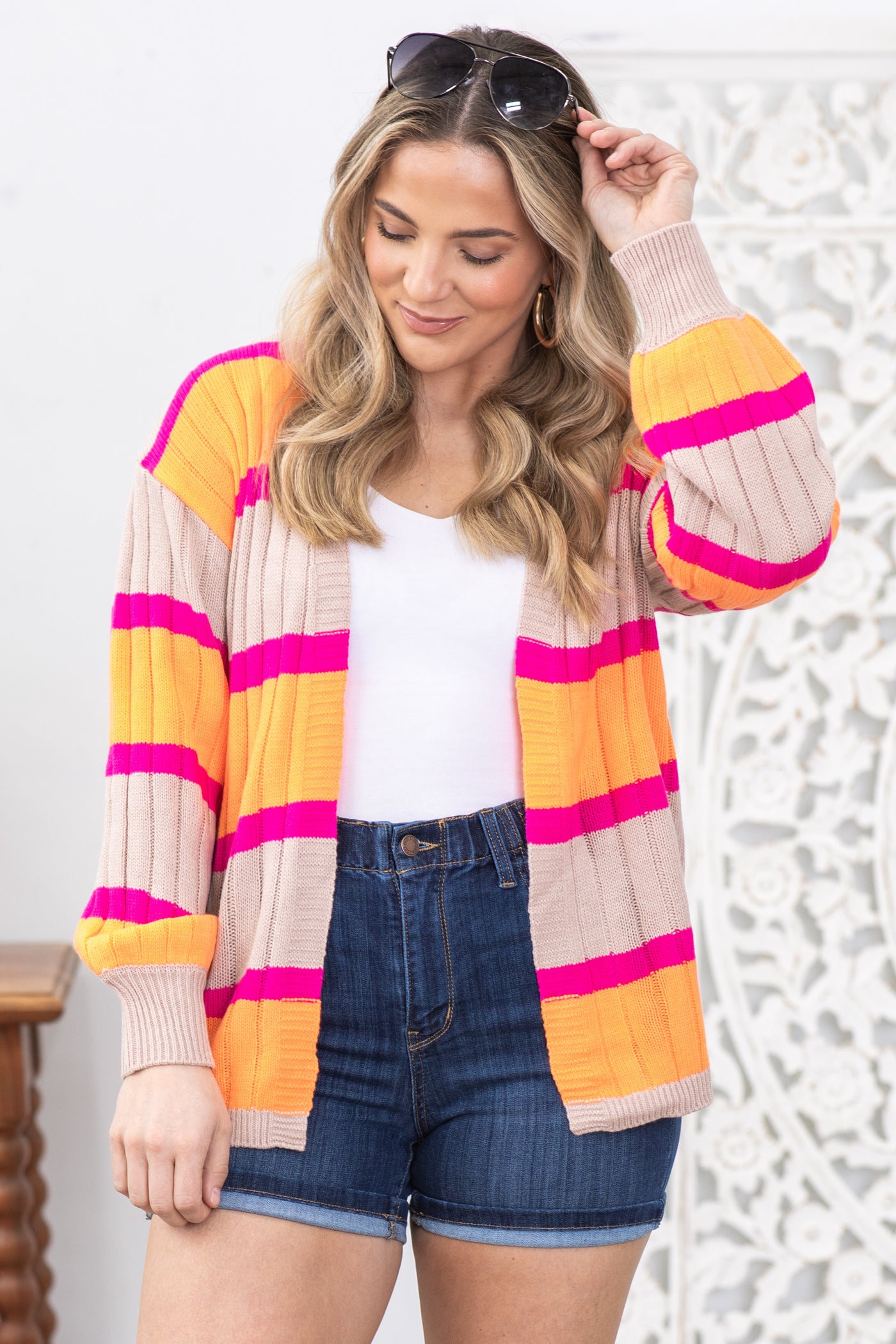 Orange and Hot Pink Stripe Ribbed Cardigan · Filly Flair
