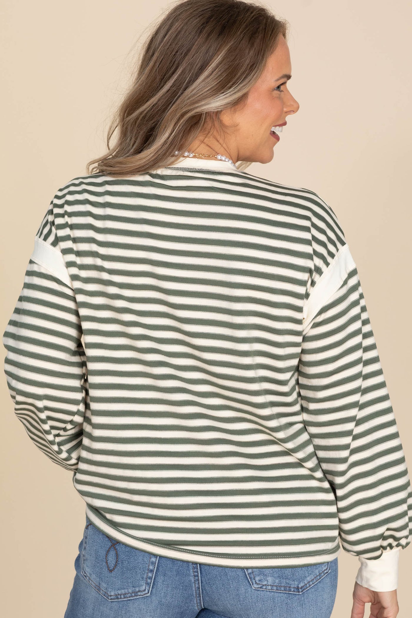 Olive And Cream Striped Long Sleeve Casual Top