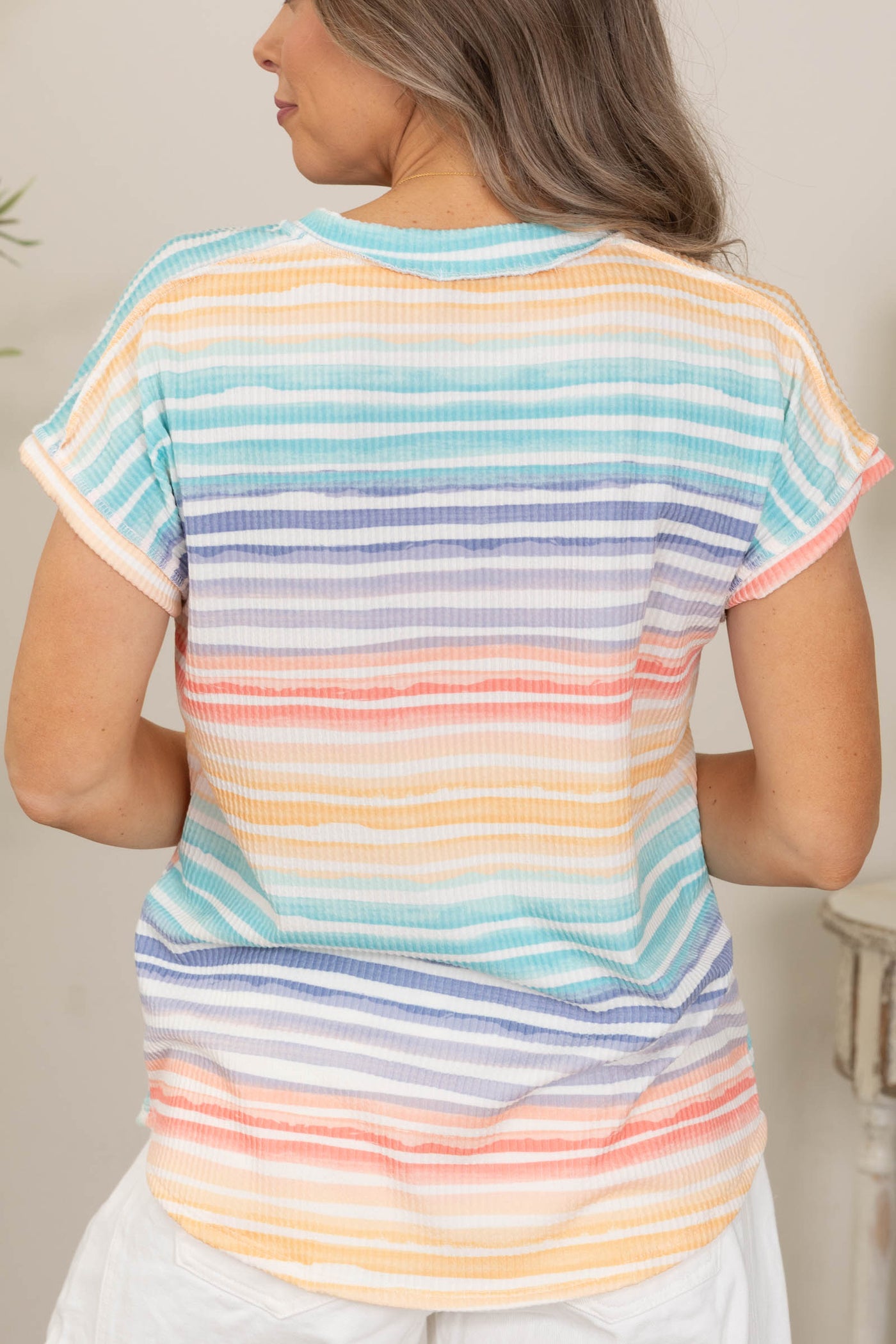 Stripe Multicolor Dolman Short Sleeve Knit Top