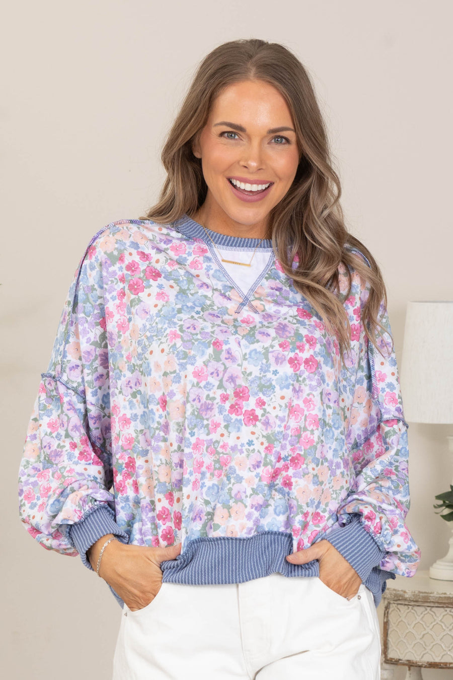 Dusty Blue Floral Ribbed Trim Long Sleeve Top