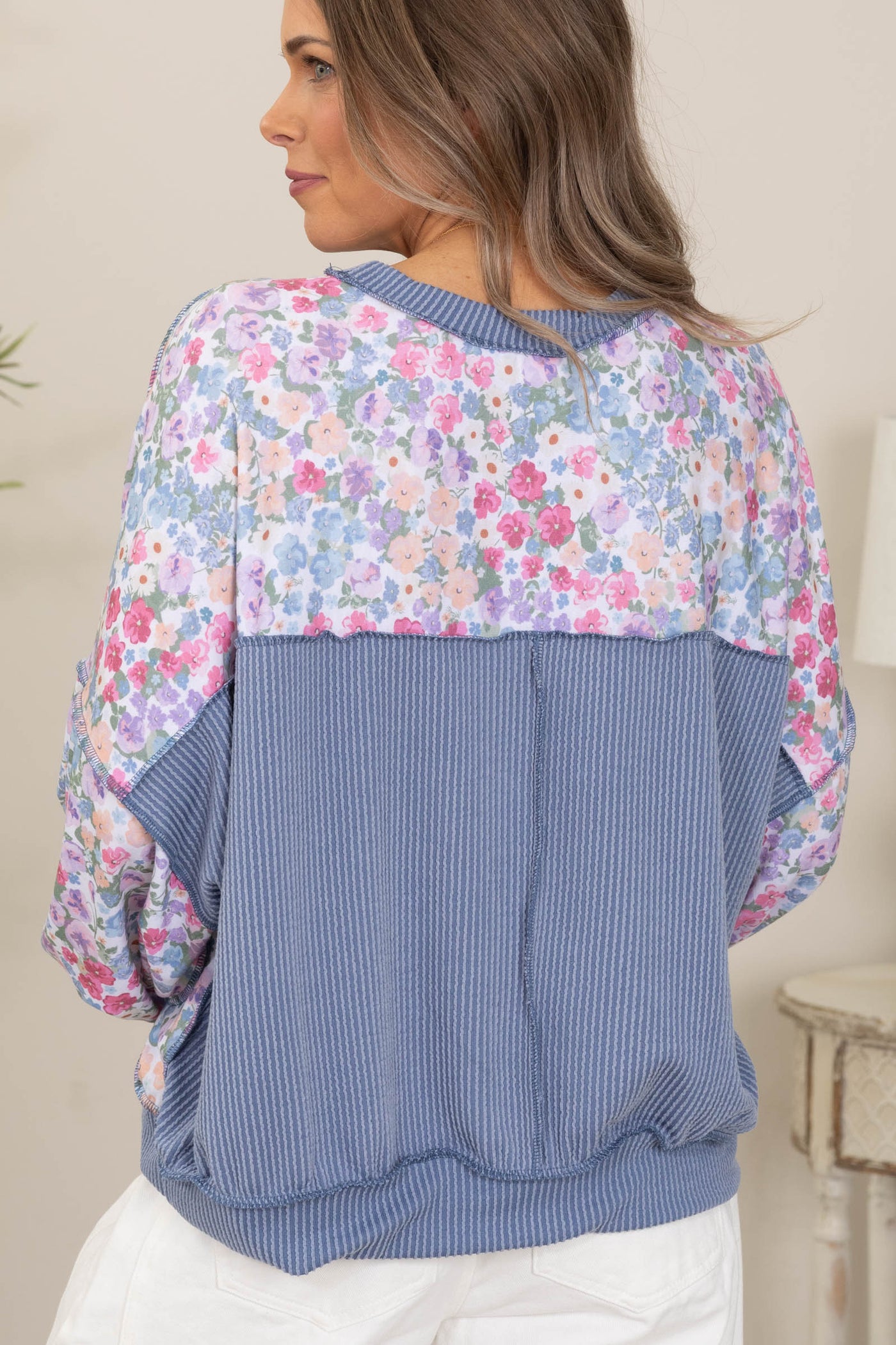 Dusty Blue Floral Ribbed Trim Long Sleeve Top