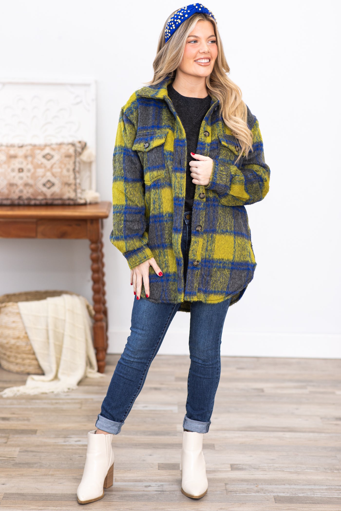 Blue and Light Olive Plaid Shacket