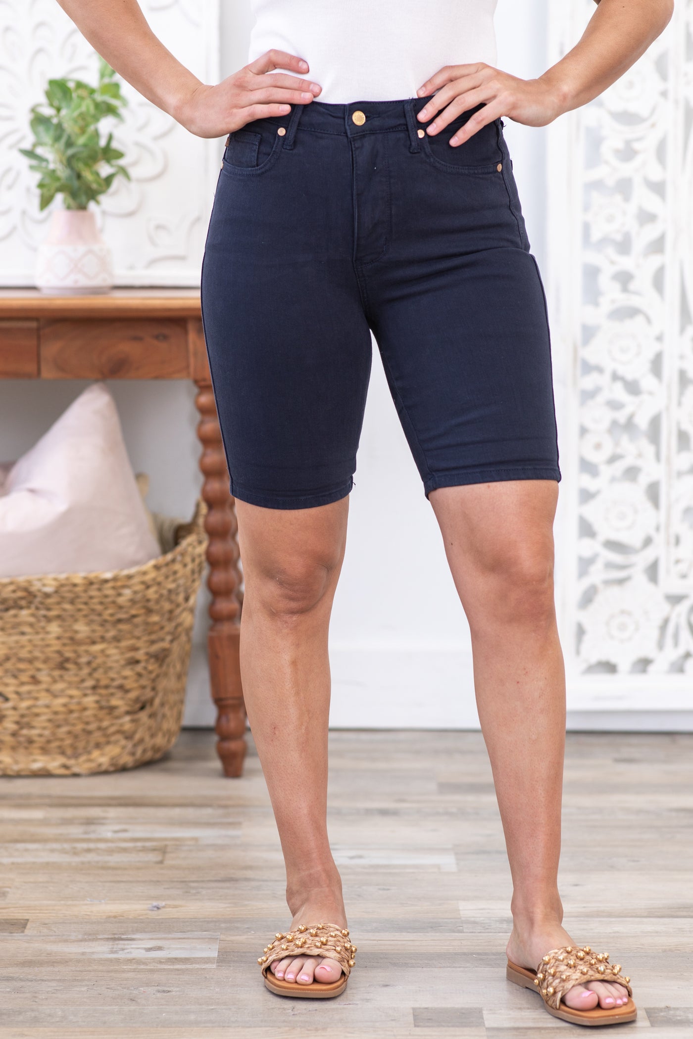 High Rise Tummy Control Double Button Bermuda Judy Blue Shorts – happily  ever co