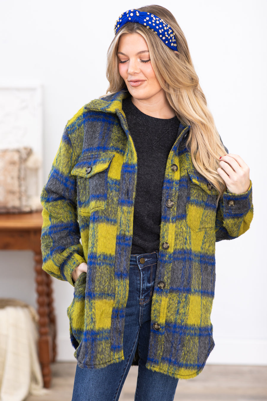 Blue and Light Olive Plaid Shacket