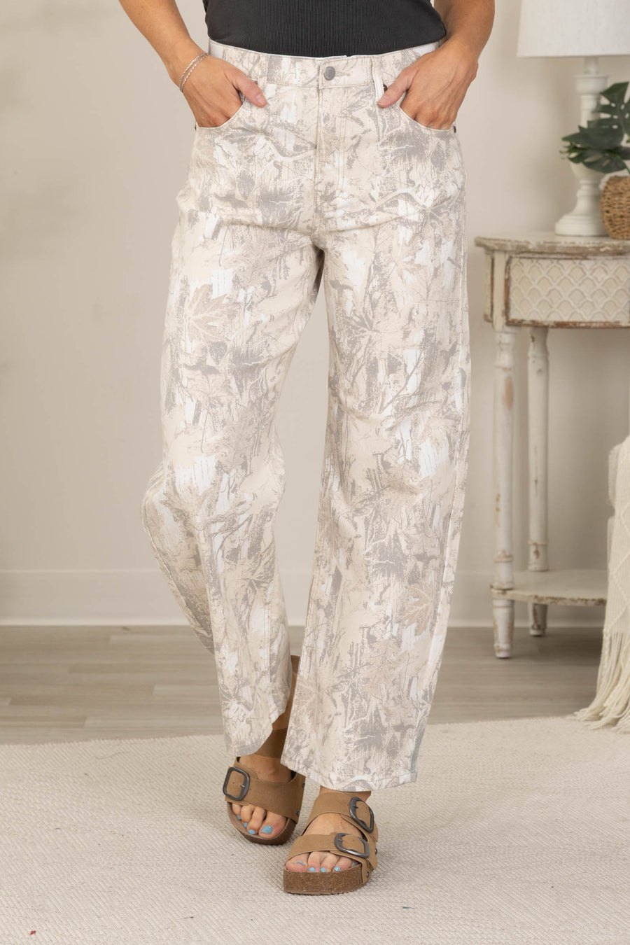 Saige Denim Sand Camo High Rise Barrel Jeans