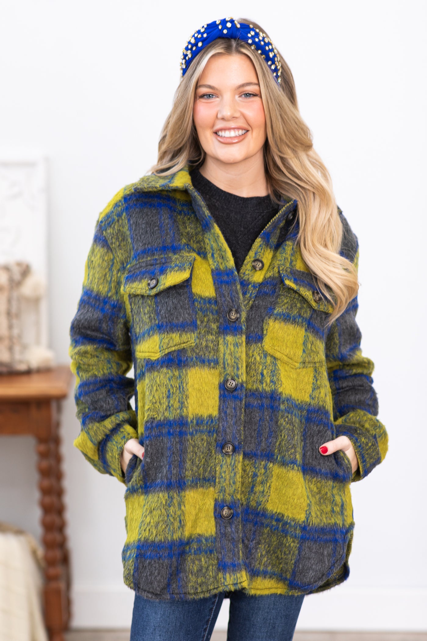 Blue and Light Olive Plaid Shacket
