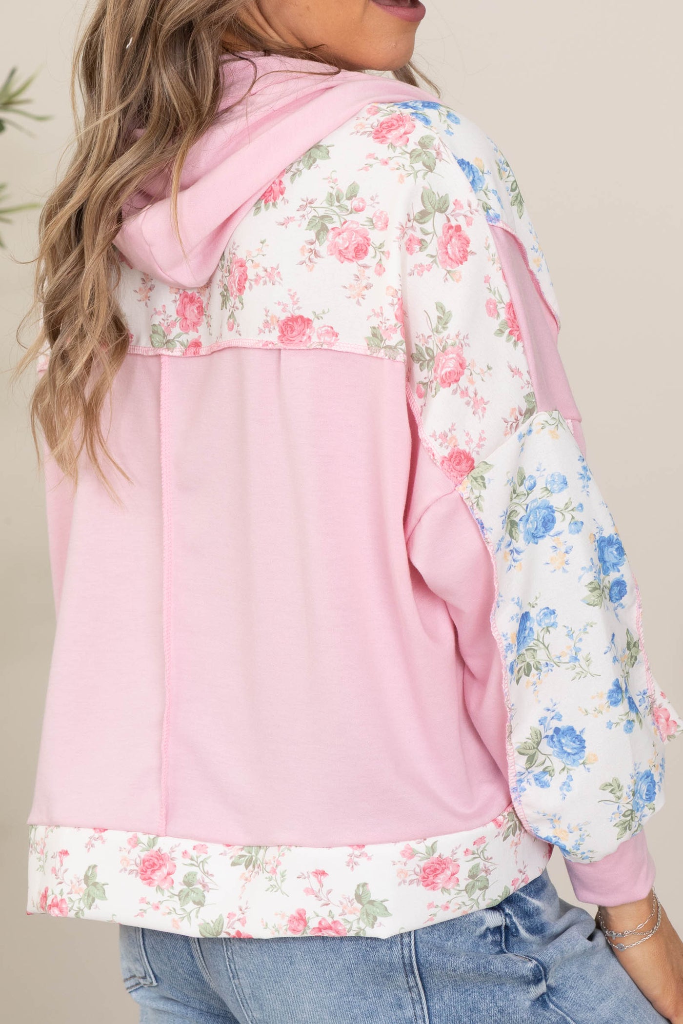 Light Pink Floral Colorblock Knit Hoodie