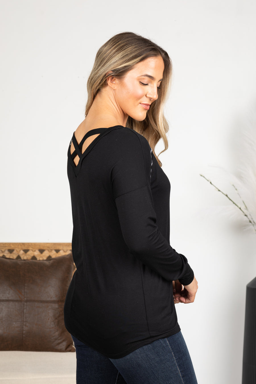Black Criss-Cross Back Long Sleeve Knit Top