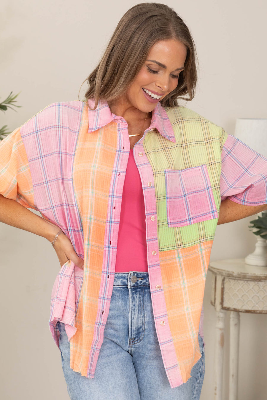 Pink Multicolor Short Sleeve Plaid Top