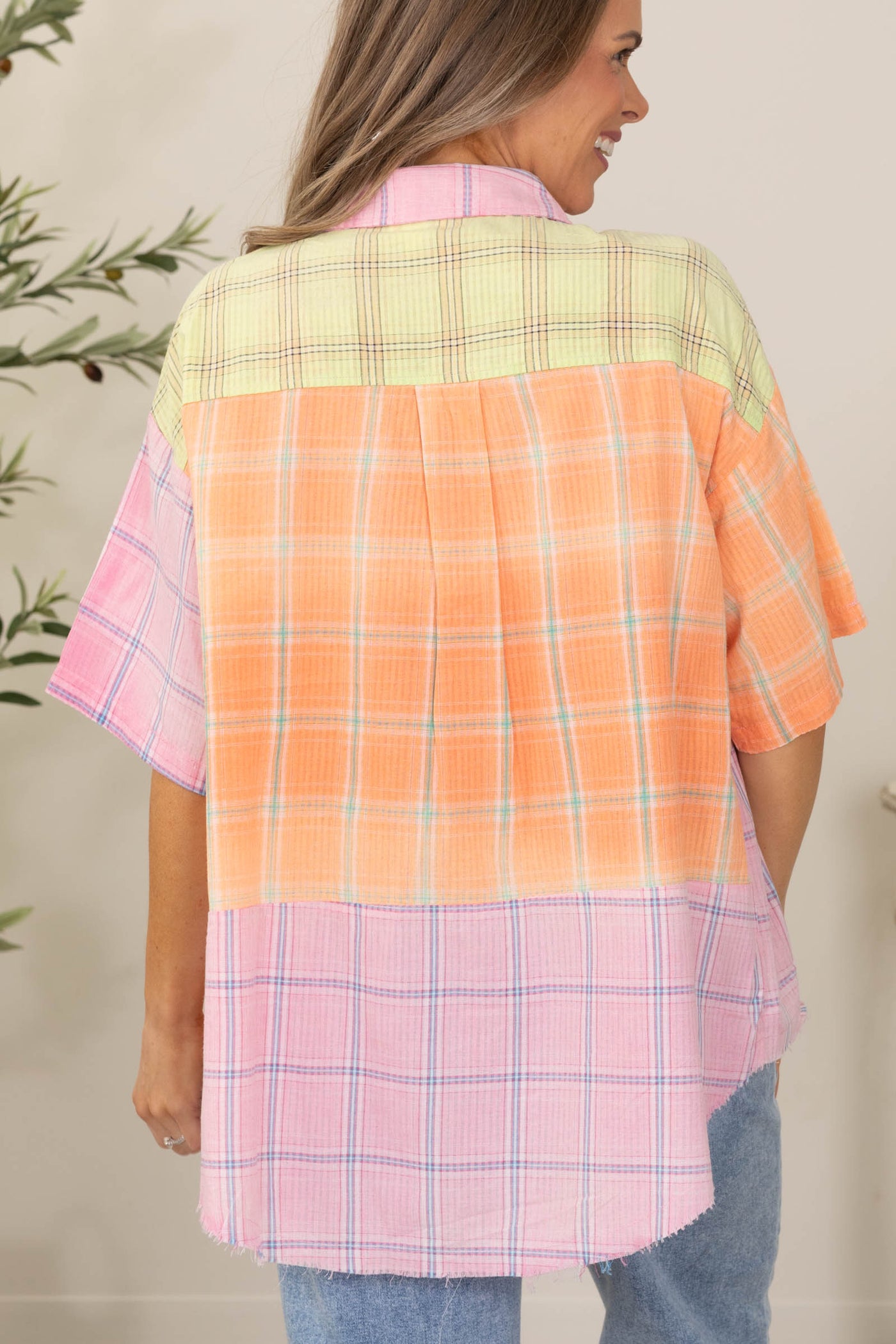 Pink Multicolor Short Sleeve Plaid Top