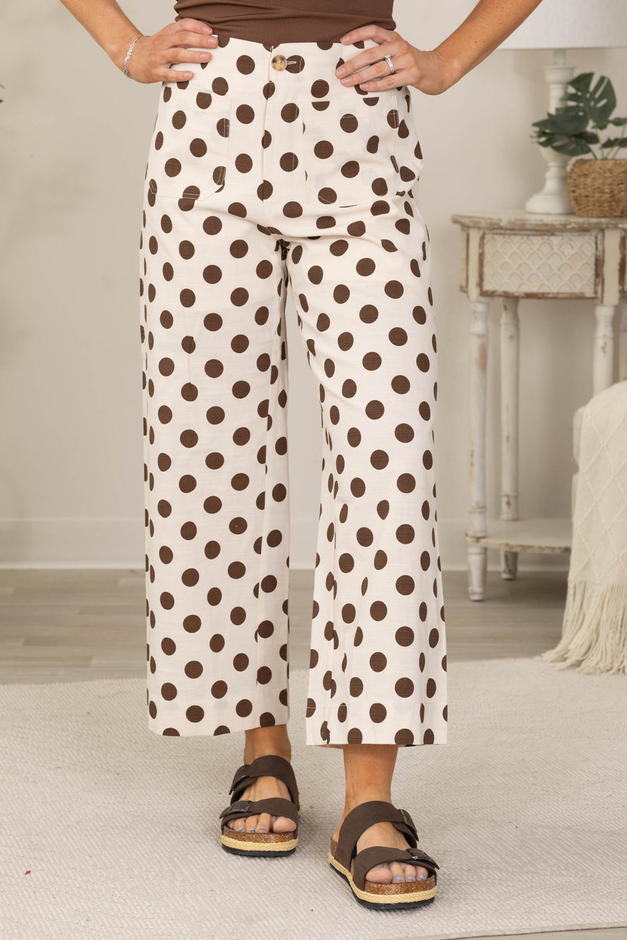 Brown Polka Dot Front Pocket Pants