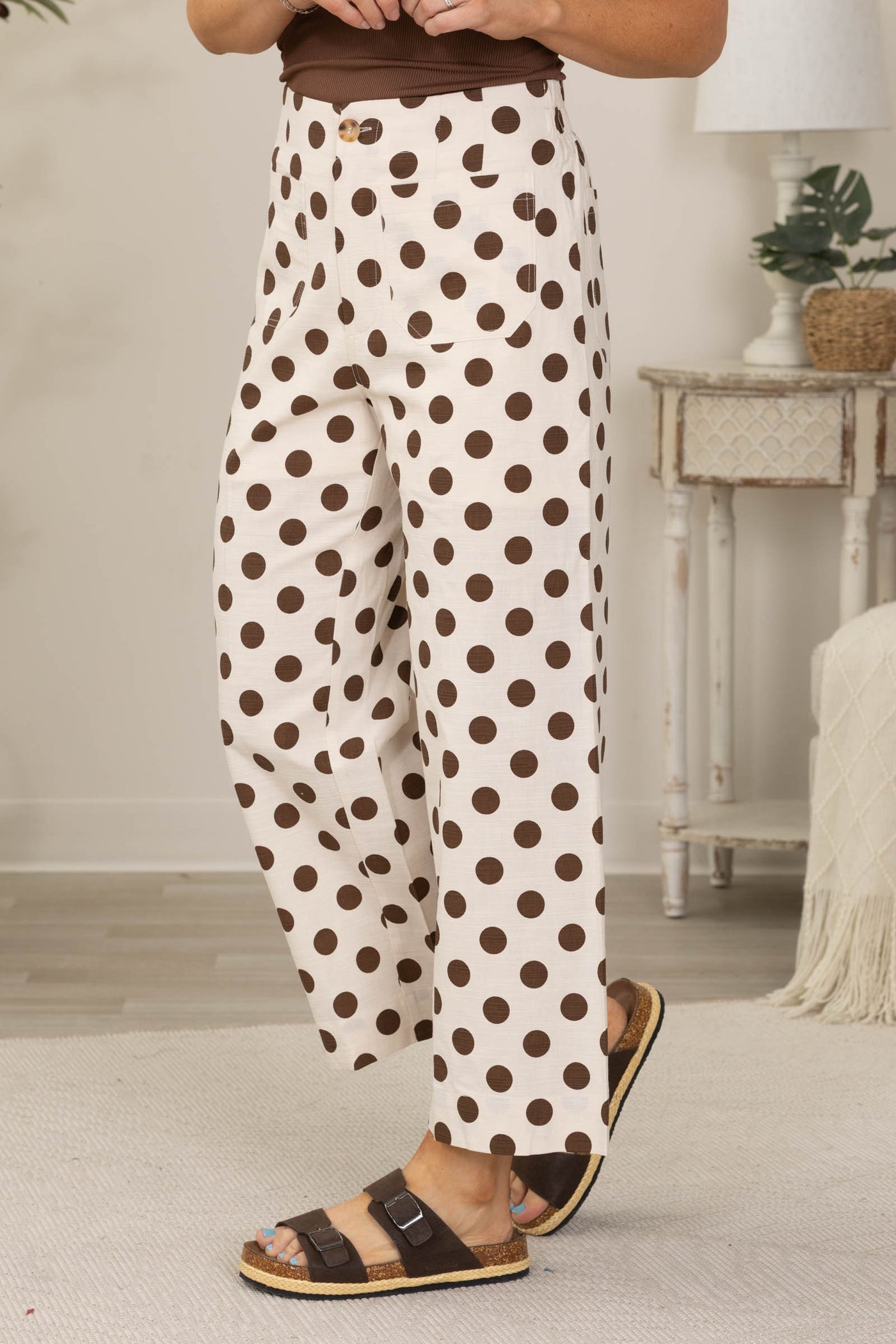 Brown Polka Dot Front Pocket Pants