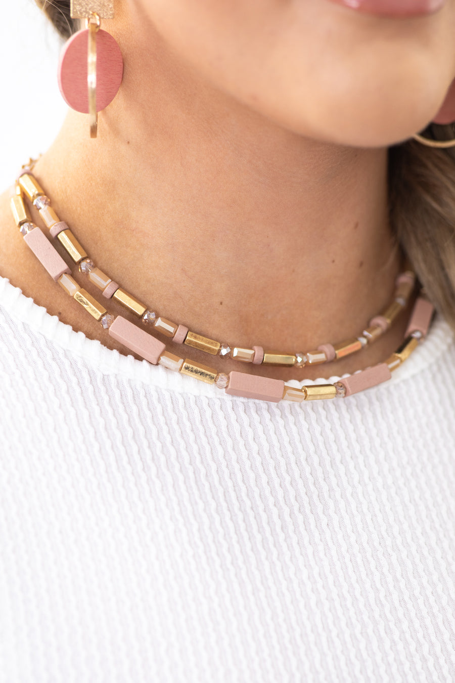 Blush Two Layer Wood Bead Necklace