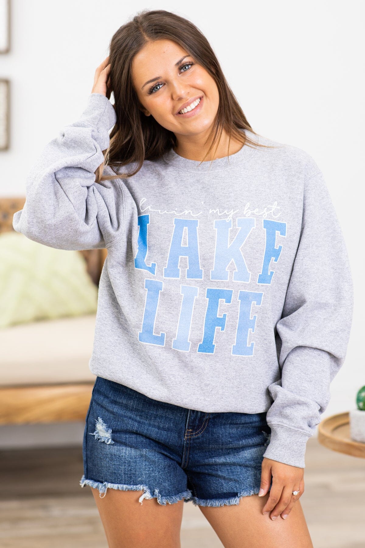 Grey Livin My Lake Life Graphic Sweatshirt - Filly Flair