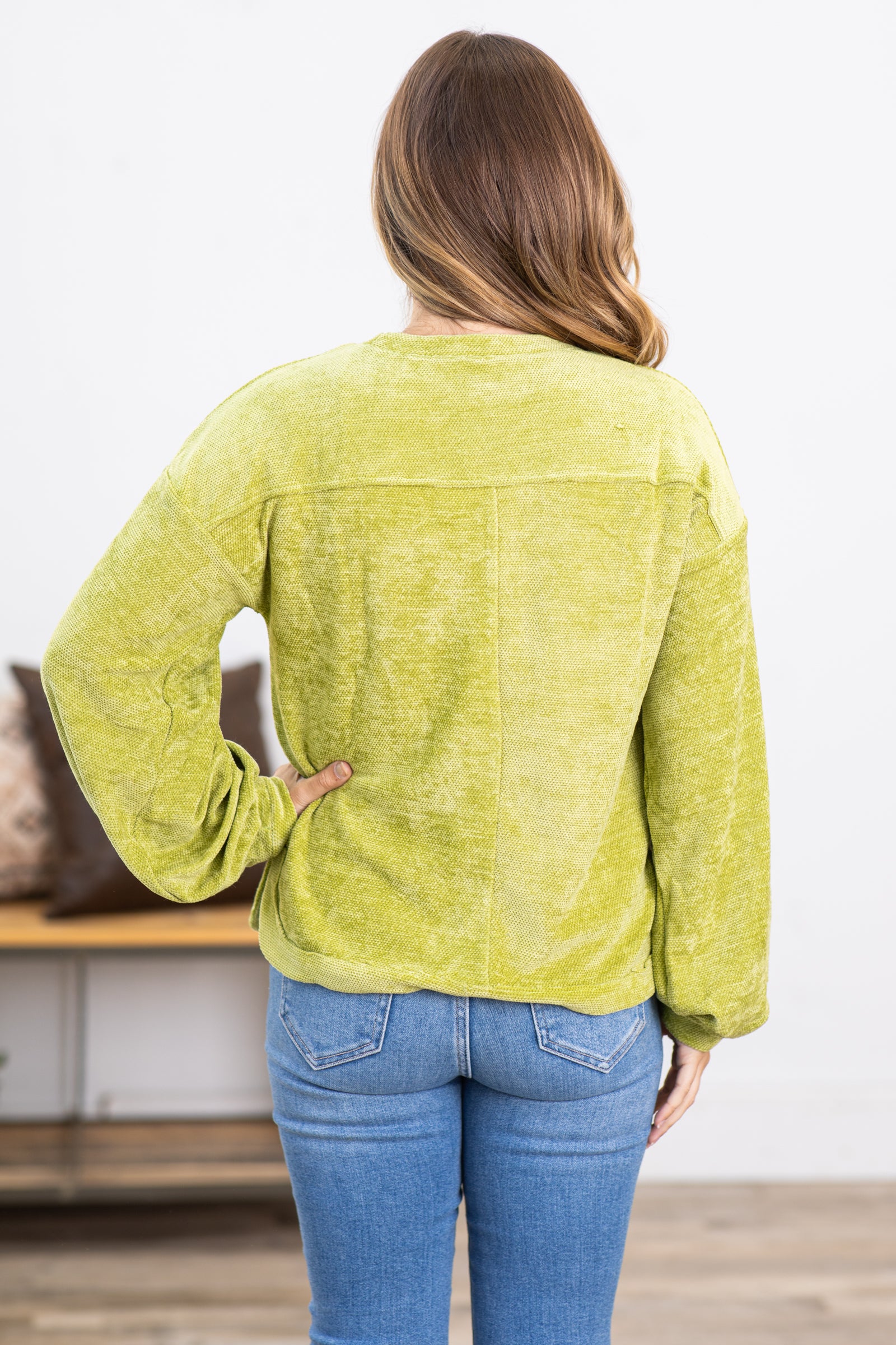 Light Olive Balloon Sleeve Top With Pocket