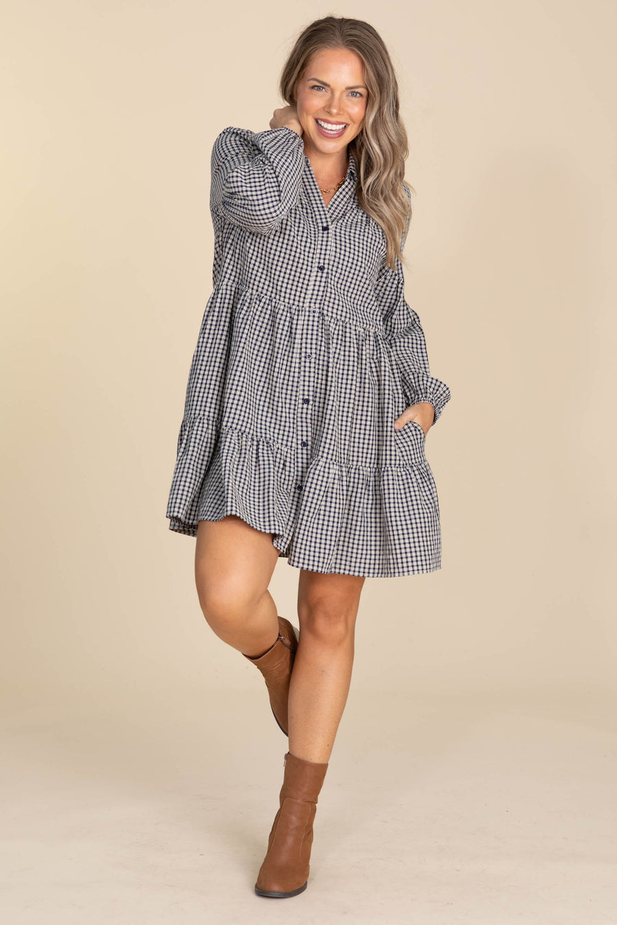Navy And Beige Plaid Tiered Babydoll Dress