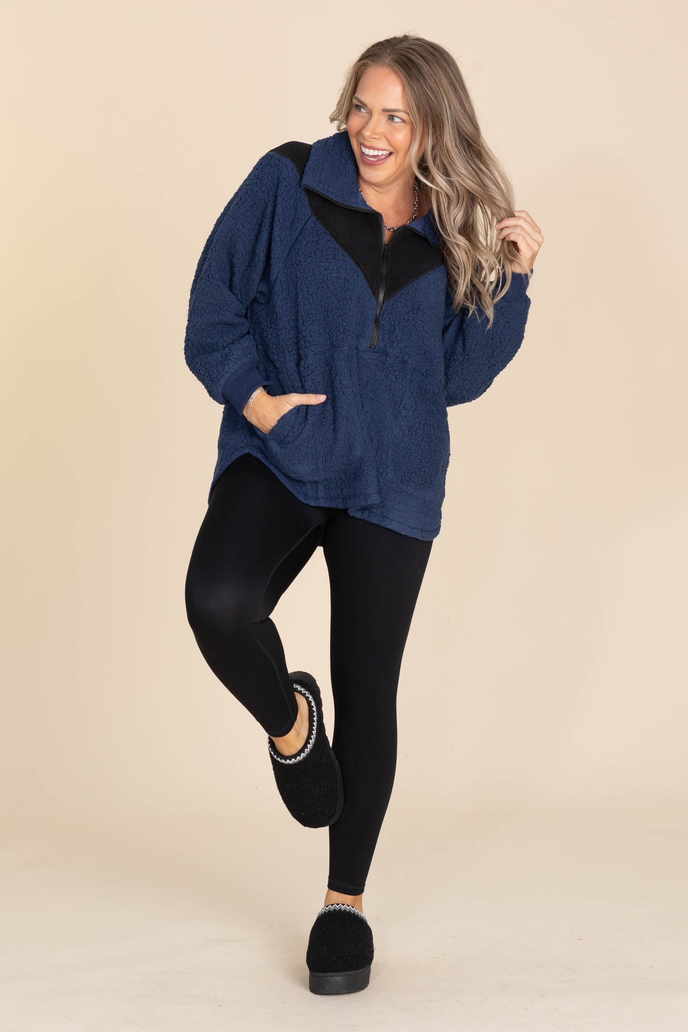Navy And Black Sherpa Quarter Zip