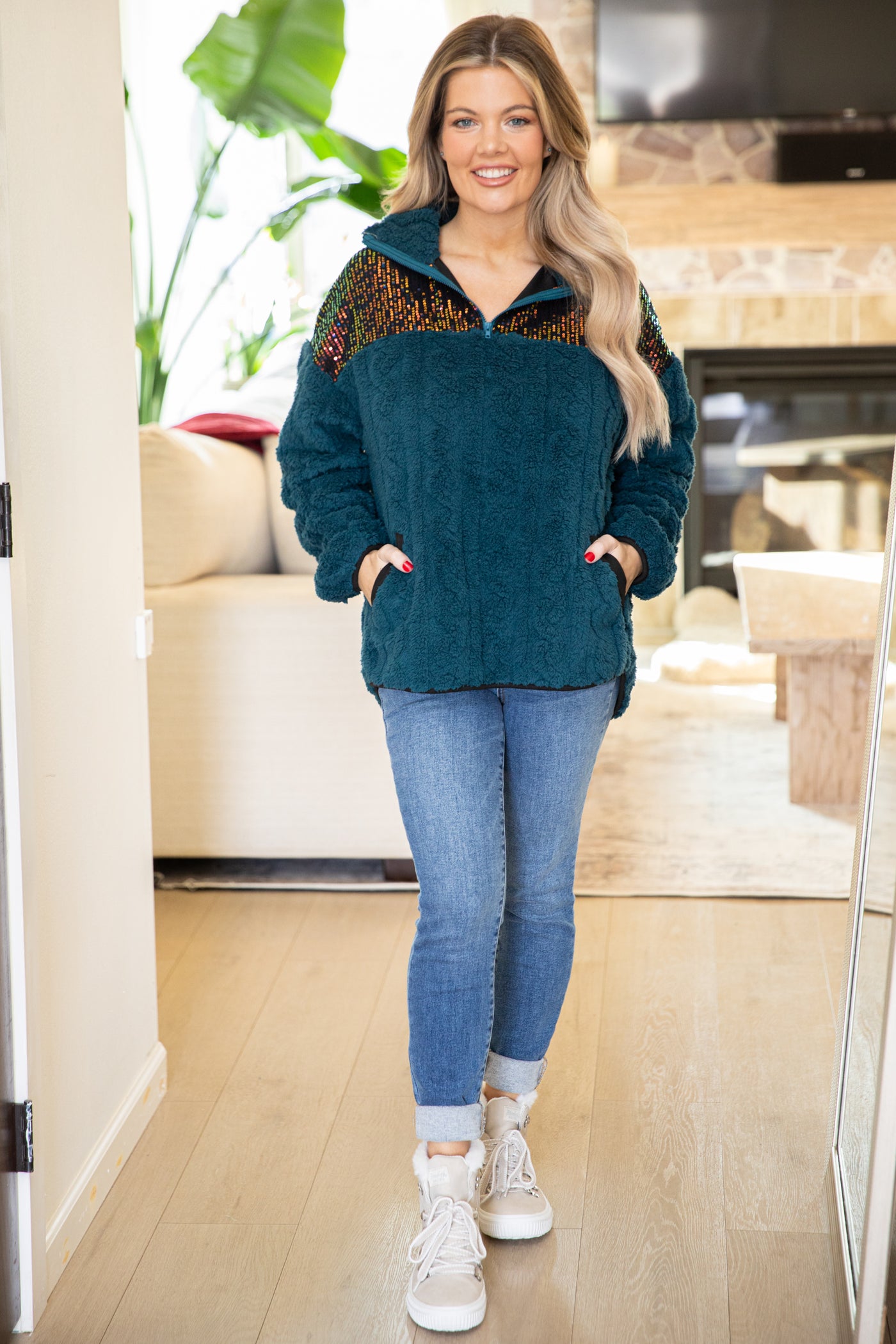 Teal Faux Fur Cable Pullover With Sequins