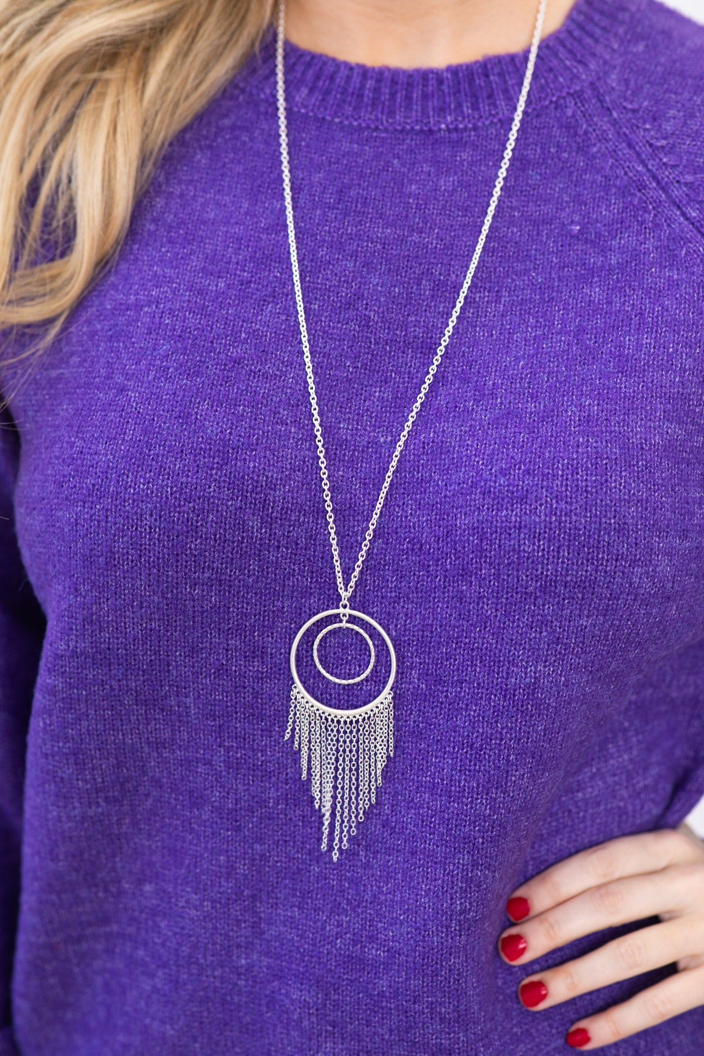 Silver Double Hoop Chain Fringe Necklace