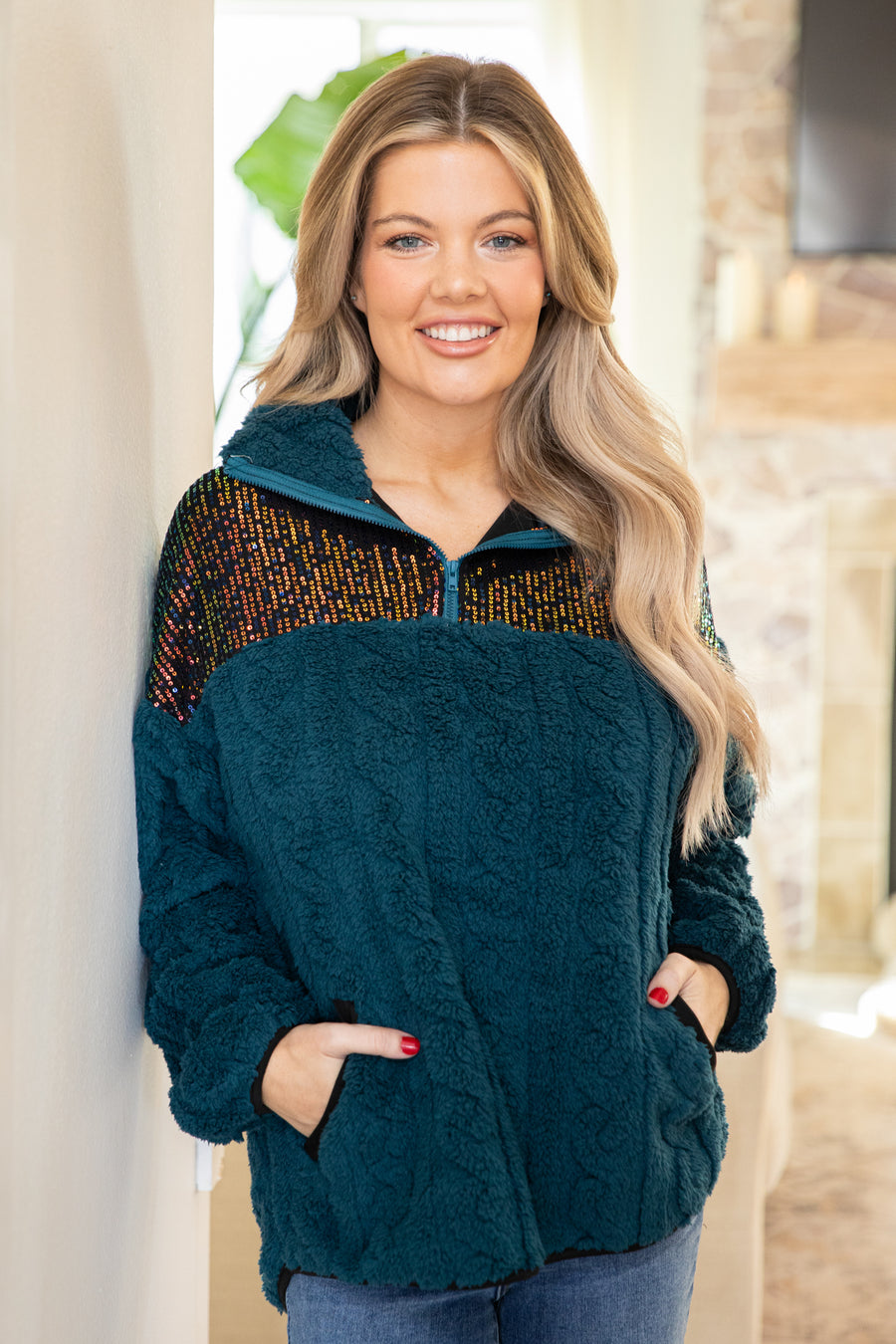 Teal Faux Fur Cable Pullover With Sequins
