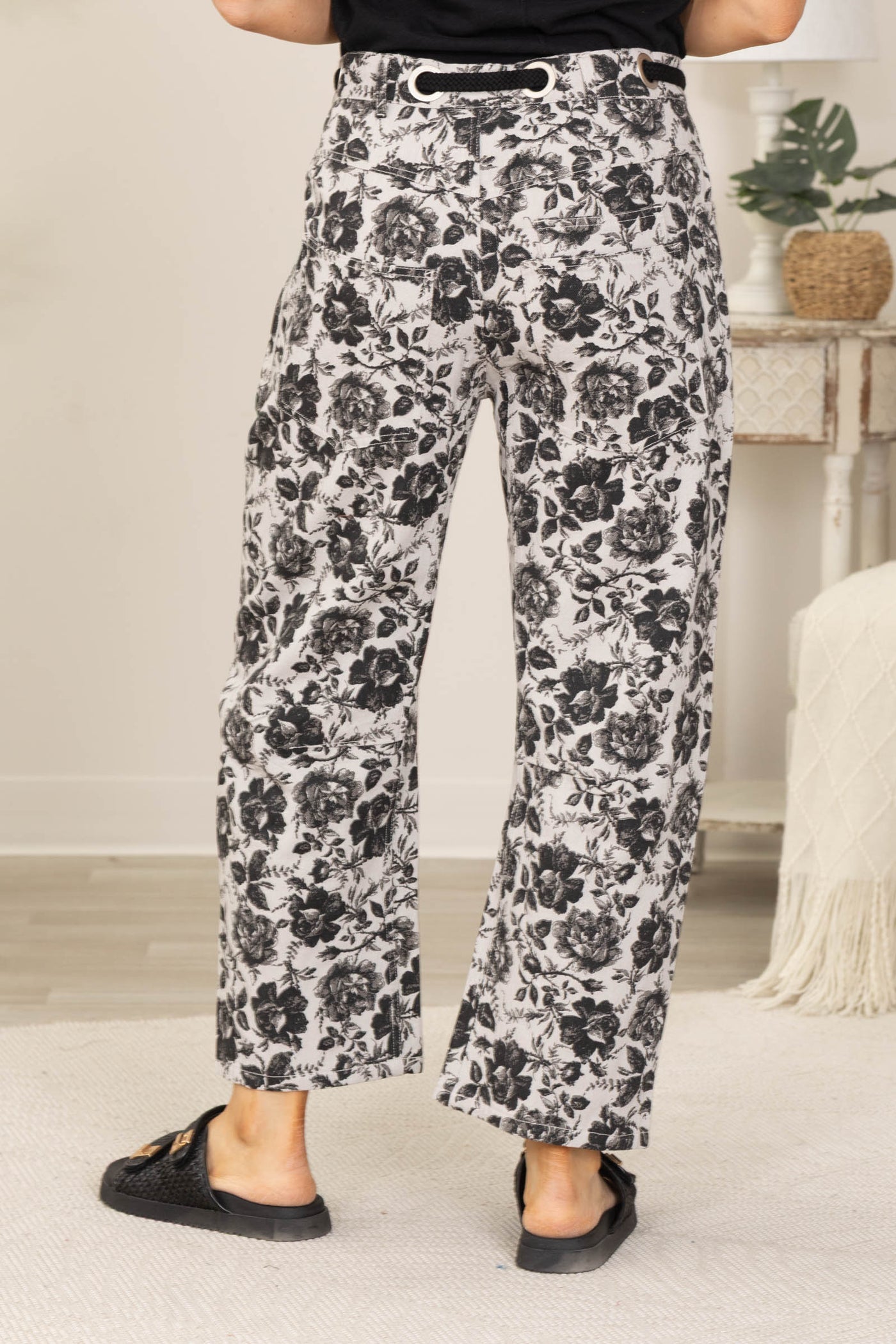 Grey With Black Floral Print String Pants