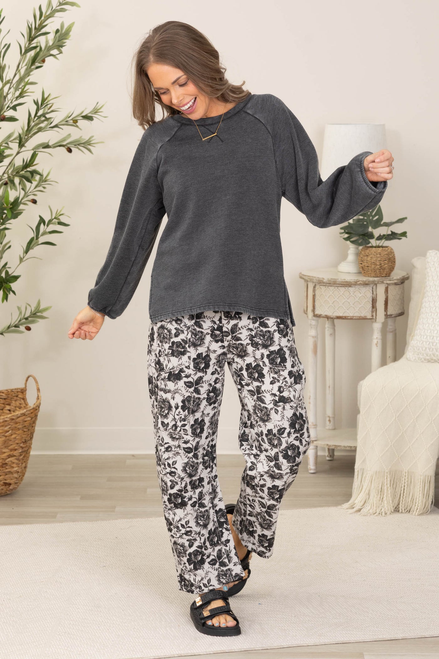 Grey With Black Floral Print String Pants