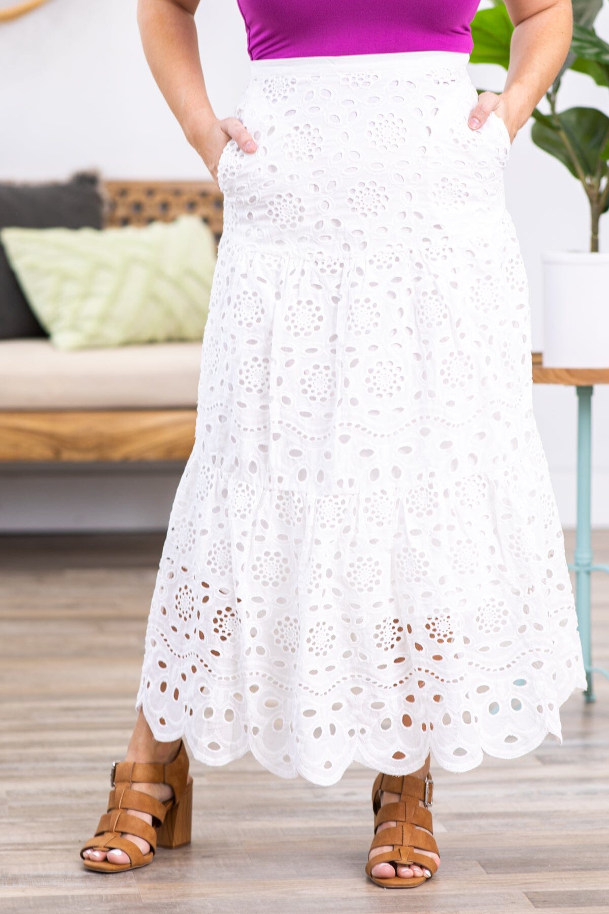 White Floral Laser Cut Maxi Skirt - Filly Flair