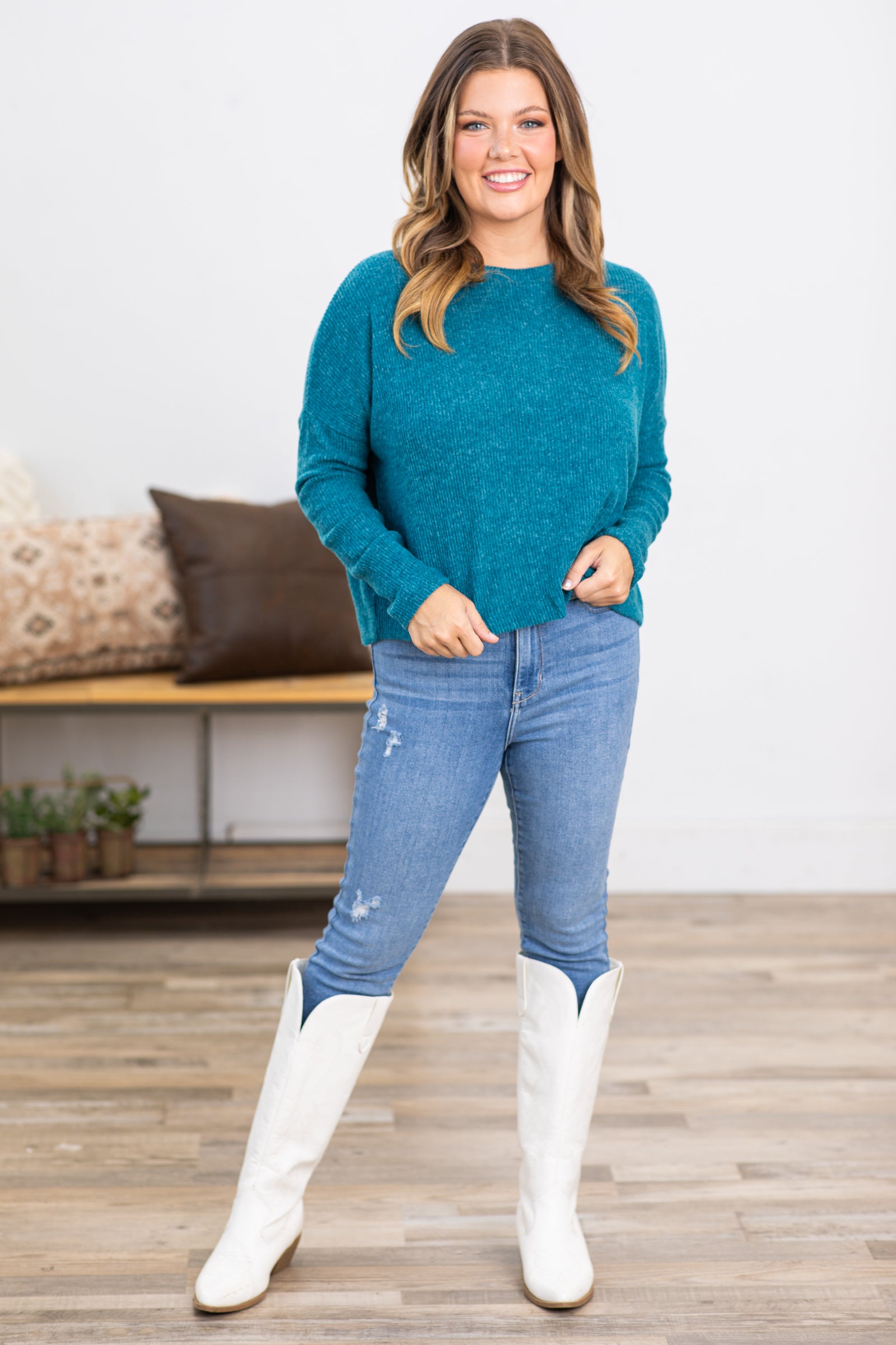 Teal Ribbed Dolman Sleeve Sweater