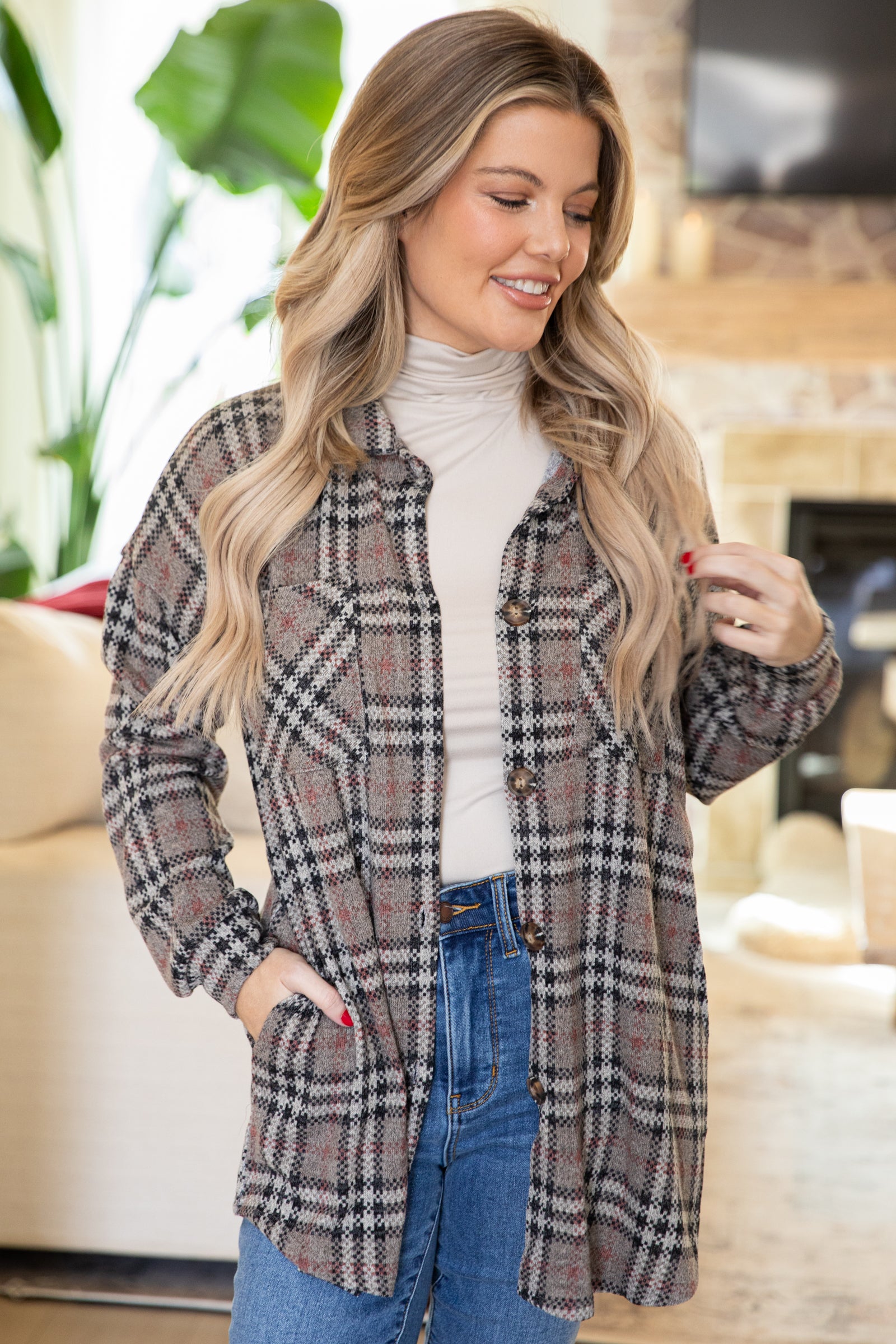 Mocha and Black Plaid Knit Button Up Top