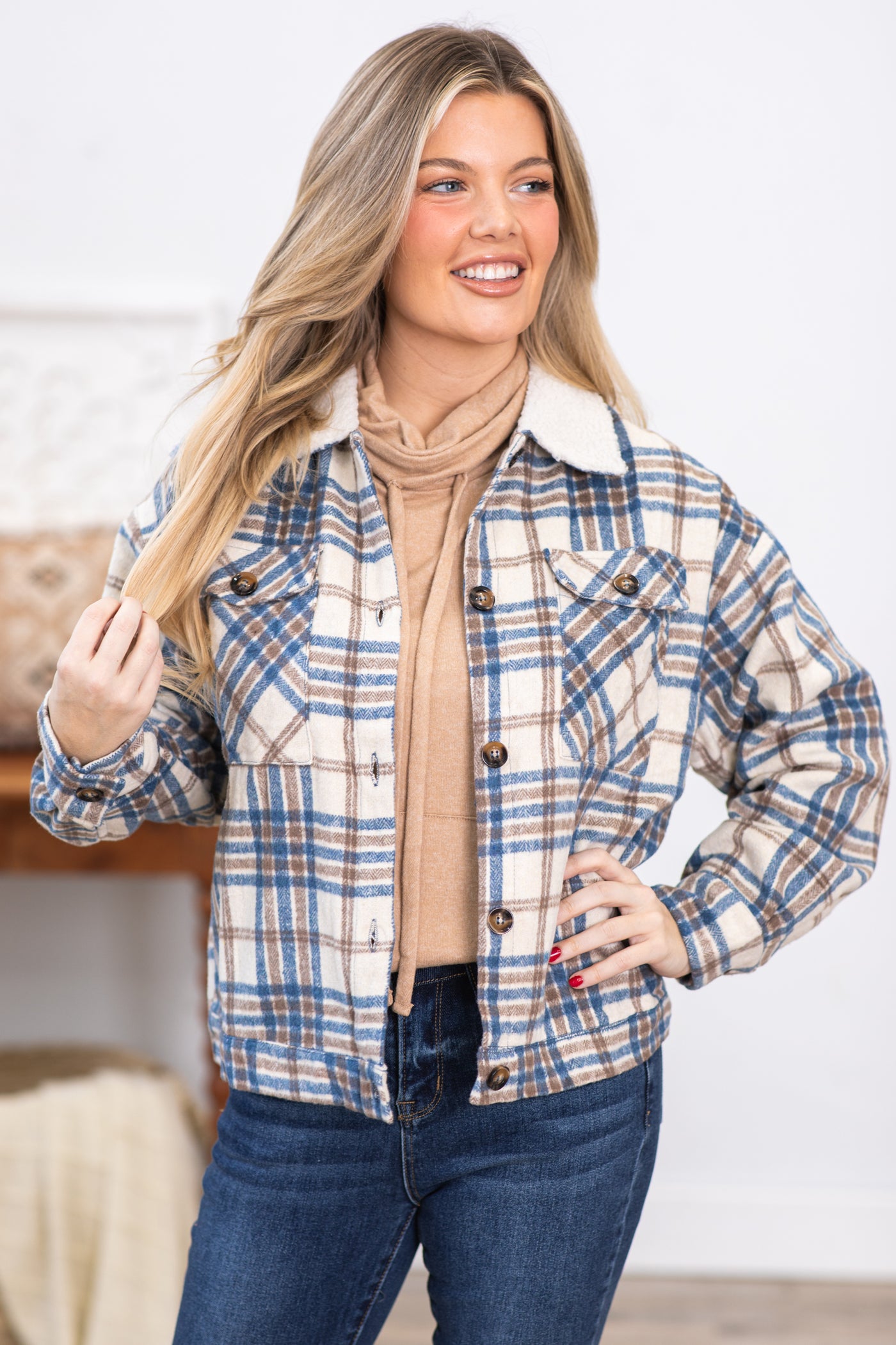 Dusty Blue and Taupe Plaid Fur Collar Jacket