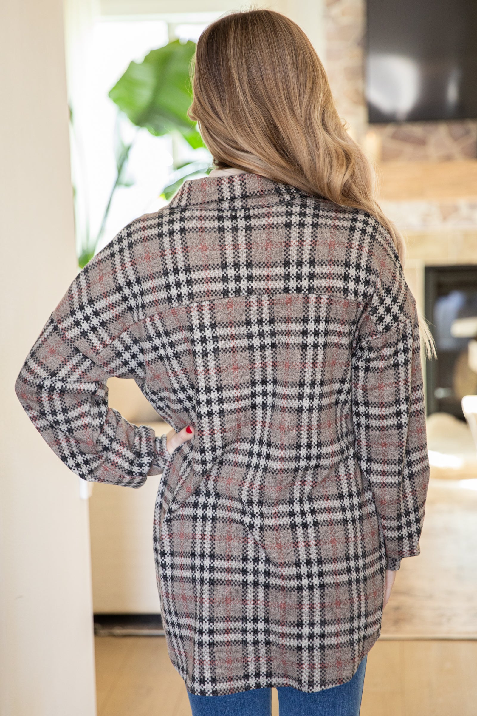 Mocha and Black Plaid Knit Button Up Top