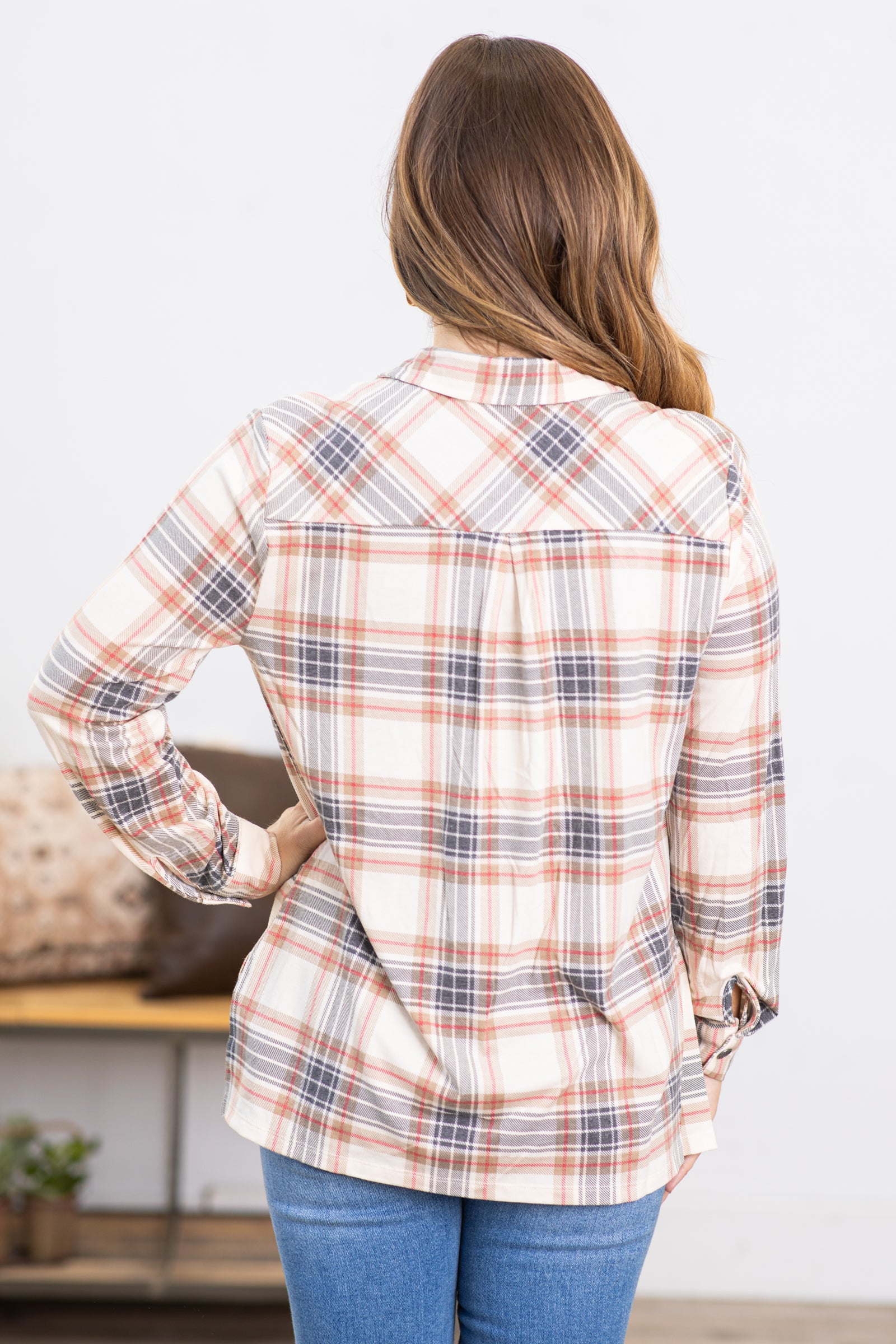 Ivory and Crimson Plaid Roll Sleeve Button Up