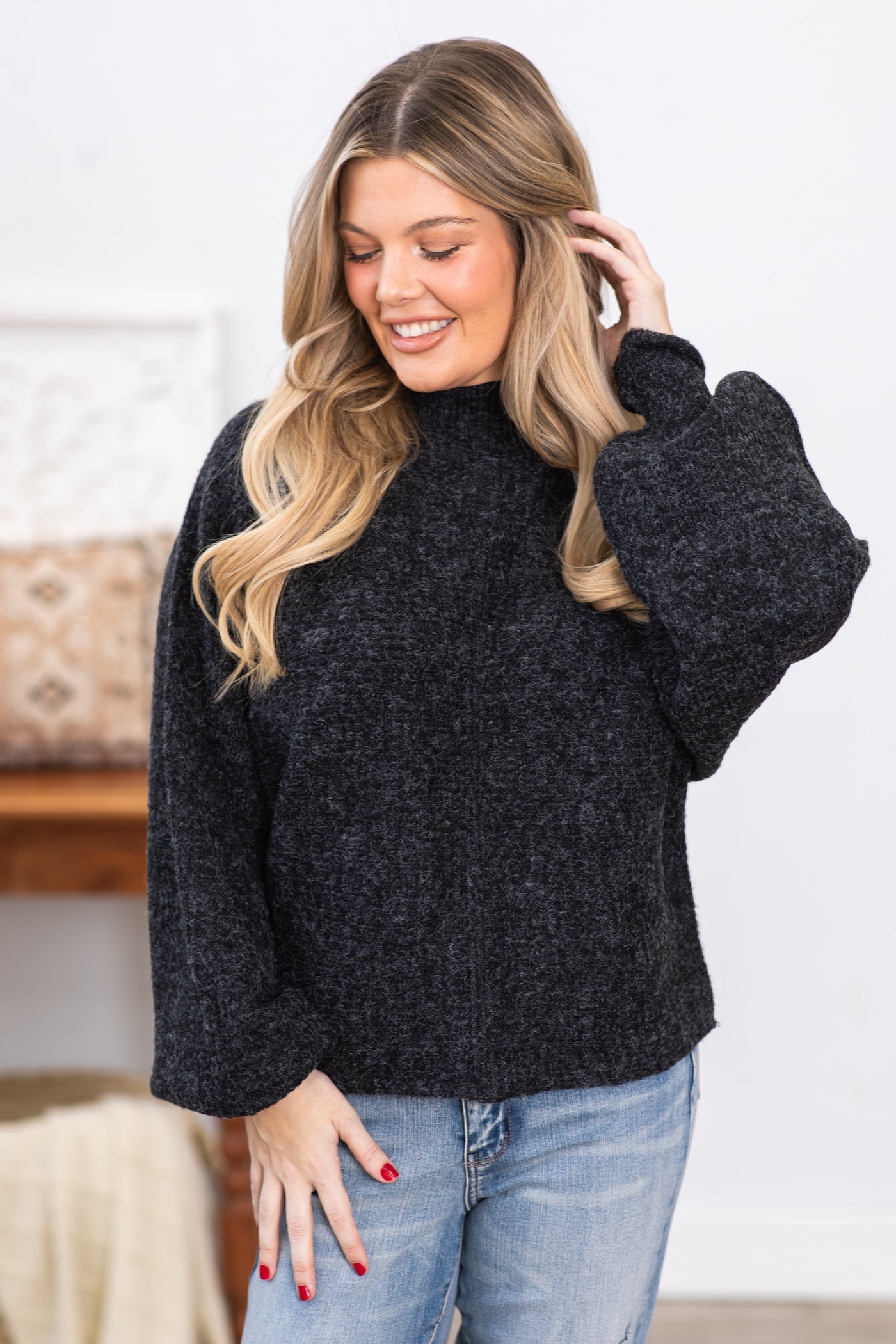 Black Balloon Sleeve Sweater With Seam Detail