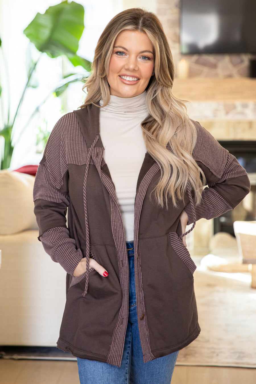 Brown Ribbed Button Front Top With Hood