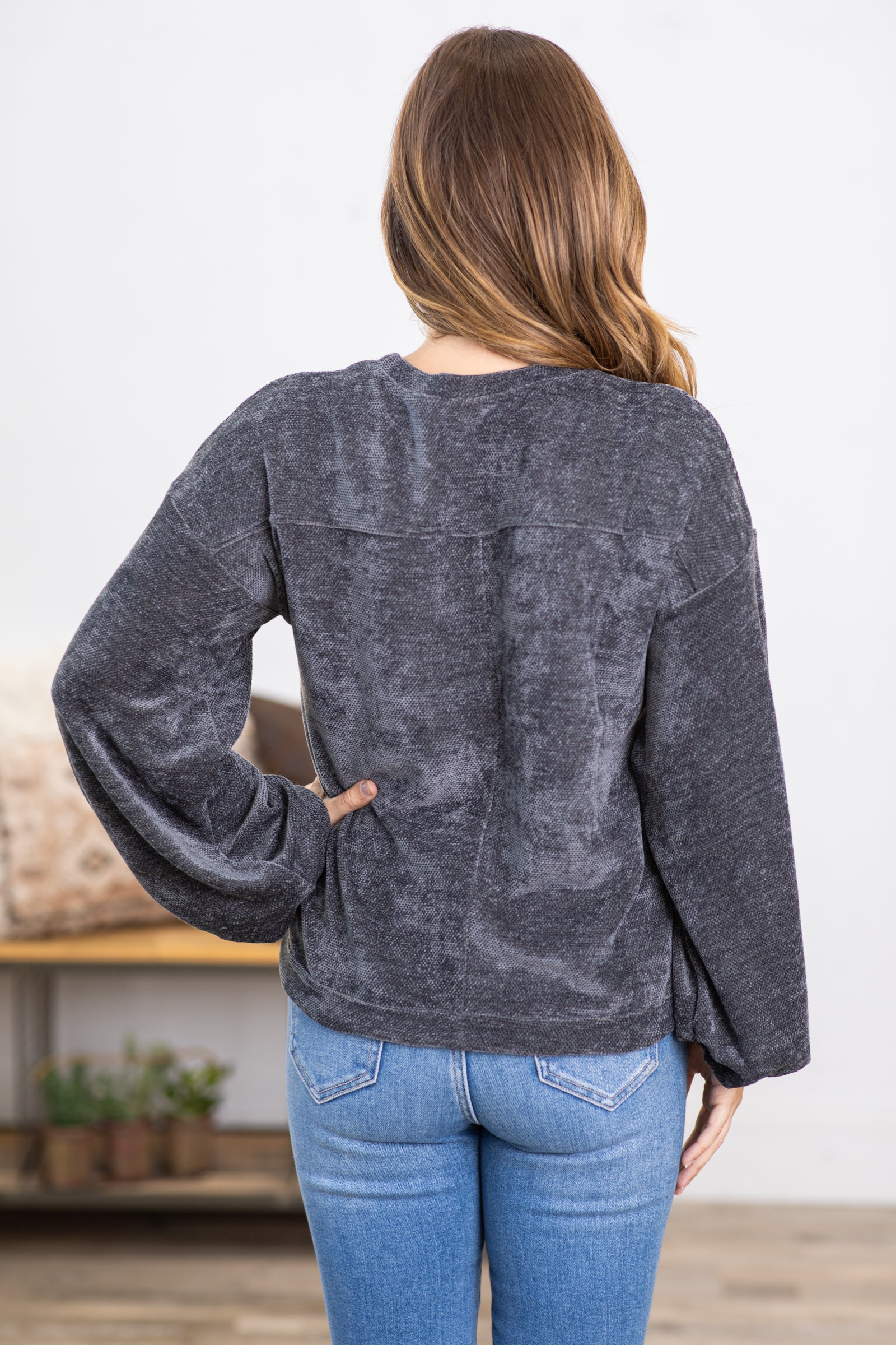 Charcoal Balloon Sleeve Top With Pocket