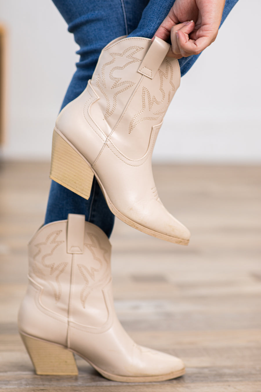 Beige Mid Calf Western Boots