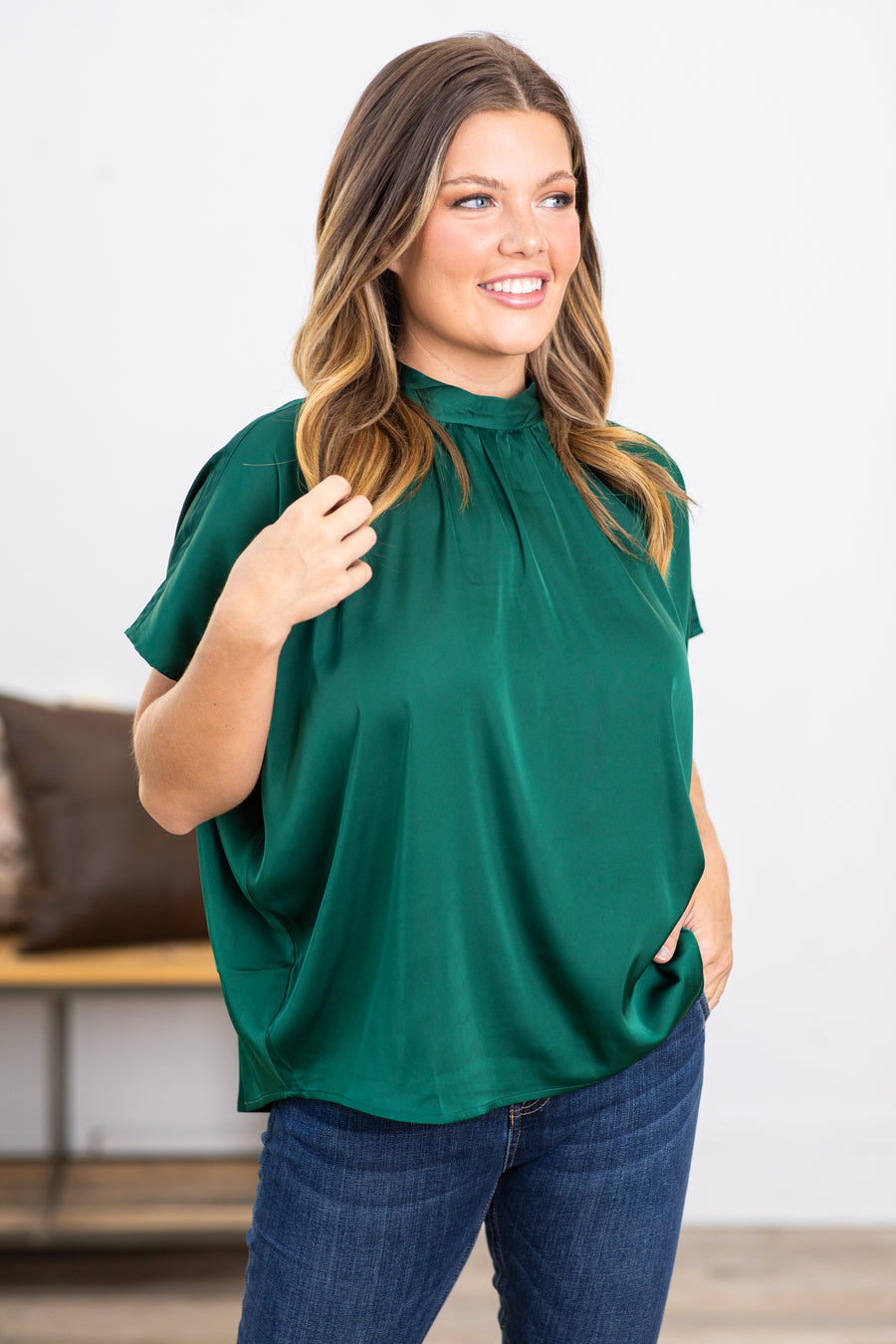 Emerald Green Satin Top With Tie Back Detail