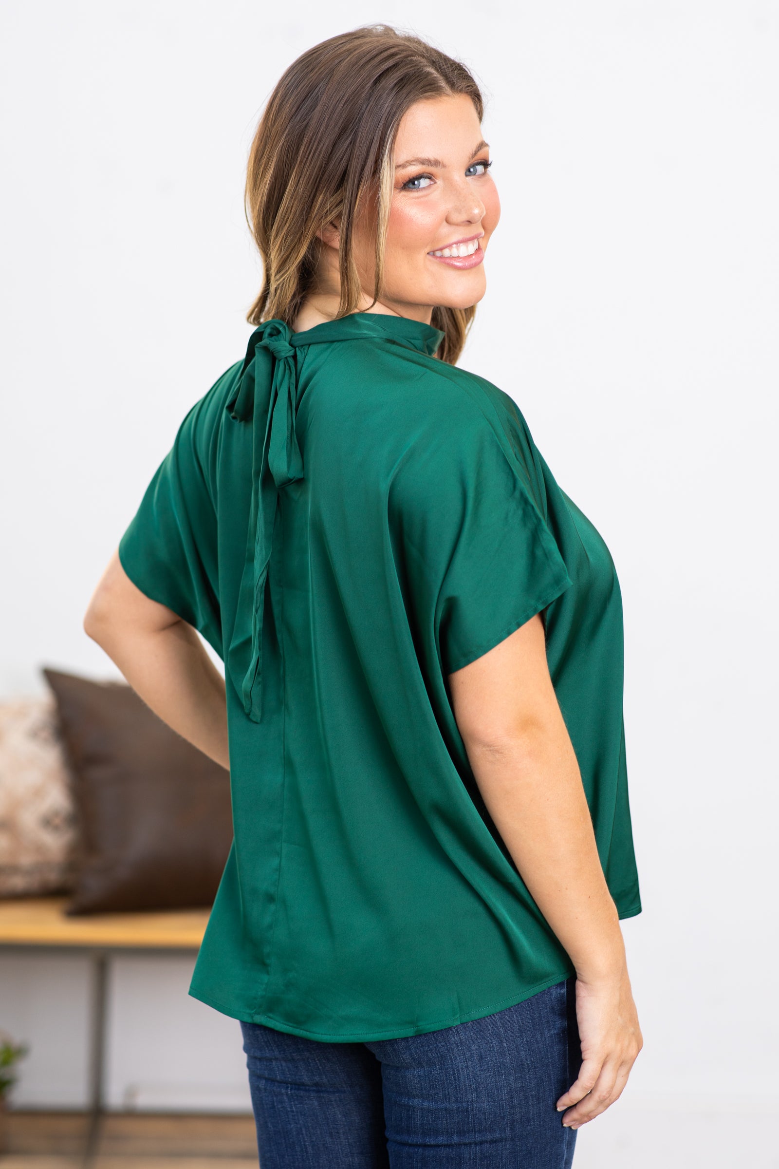 Emerald Green Satin Top With Tie Back Detail