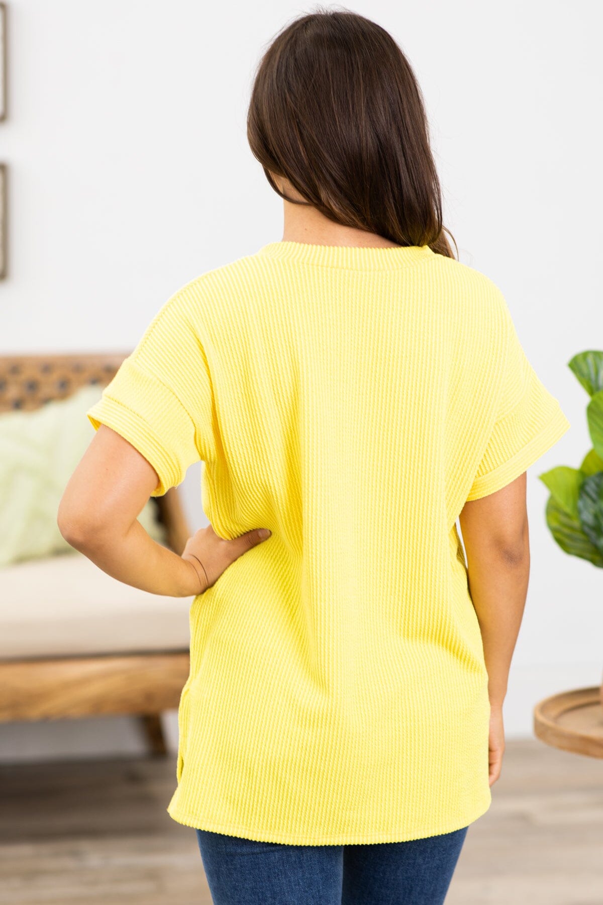 Yellow Ribbed V-Neck Top With Pocket - Filly Flair