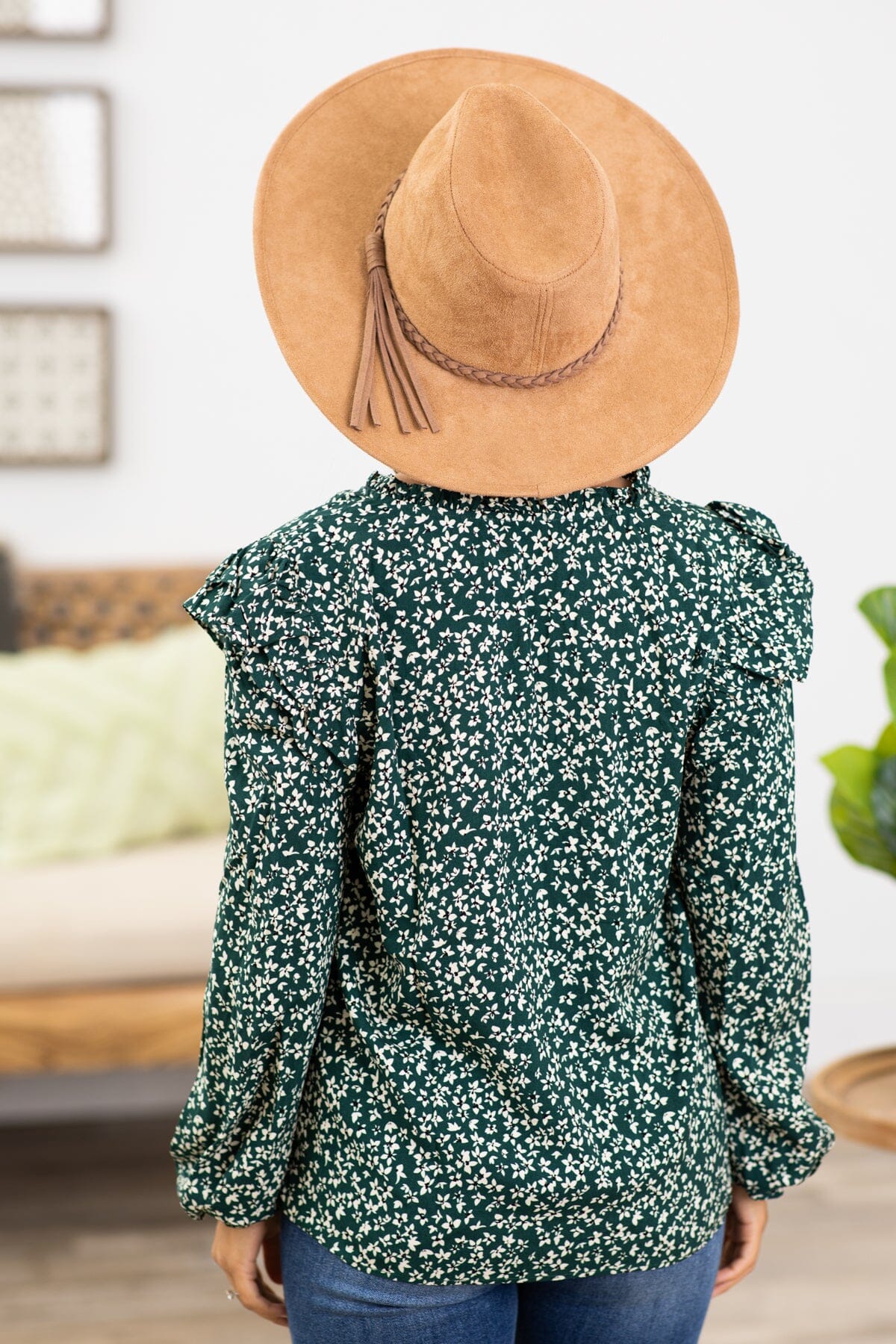 Hunter Green Ditsy Floral Notch Neck Top - Filly Flair