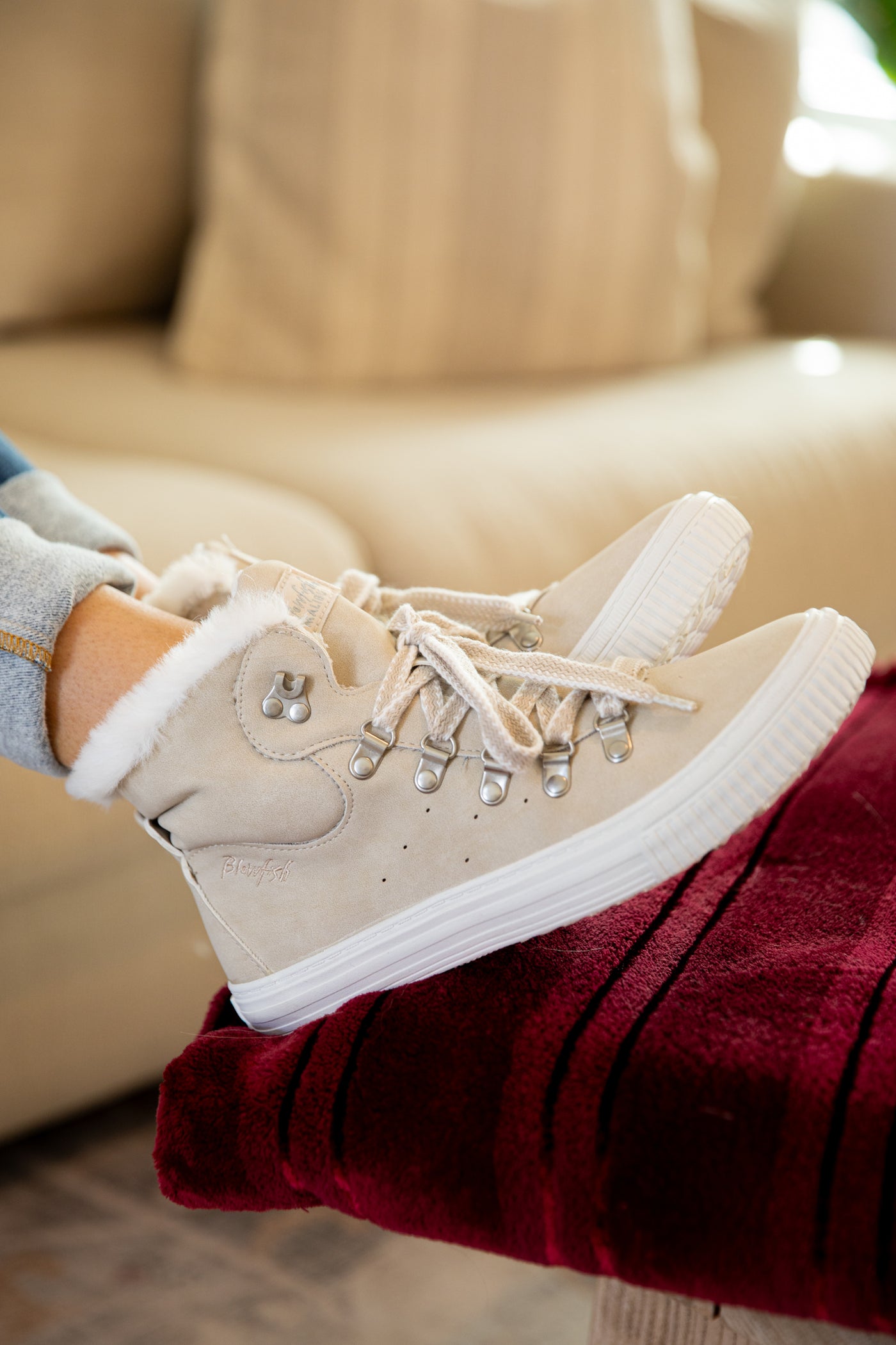 Beige High Top Sneakers With Faux Fur Trim