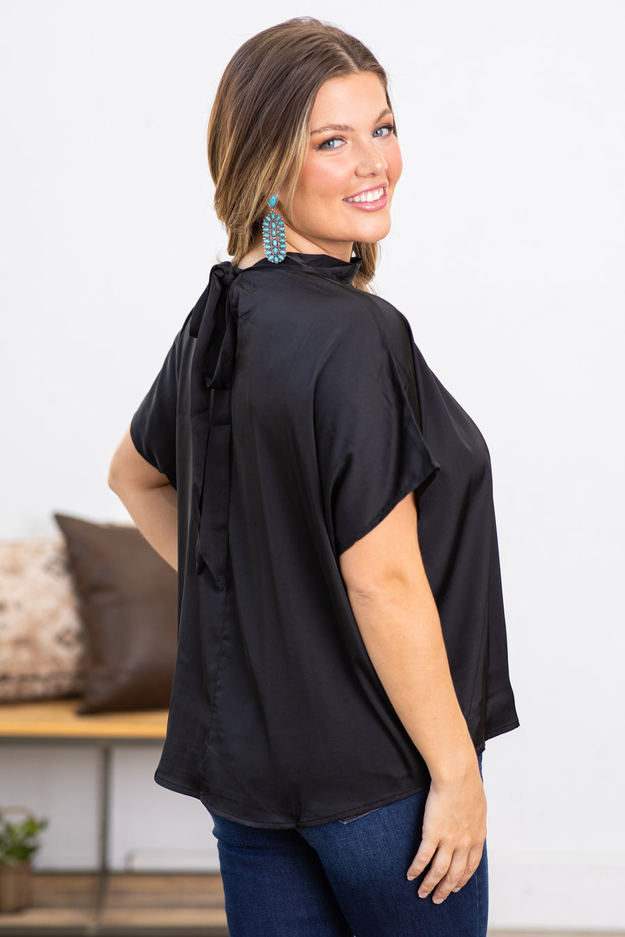 Black Satin Top With Tie Back Detail