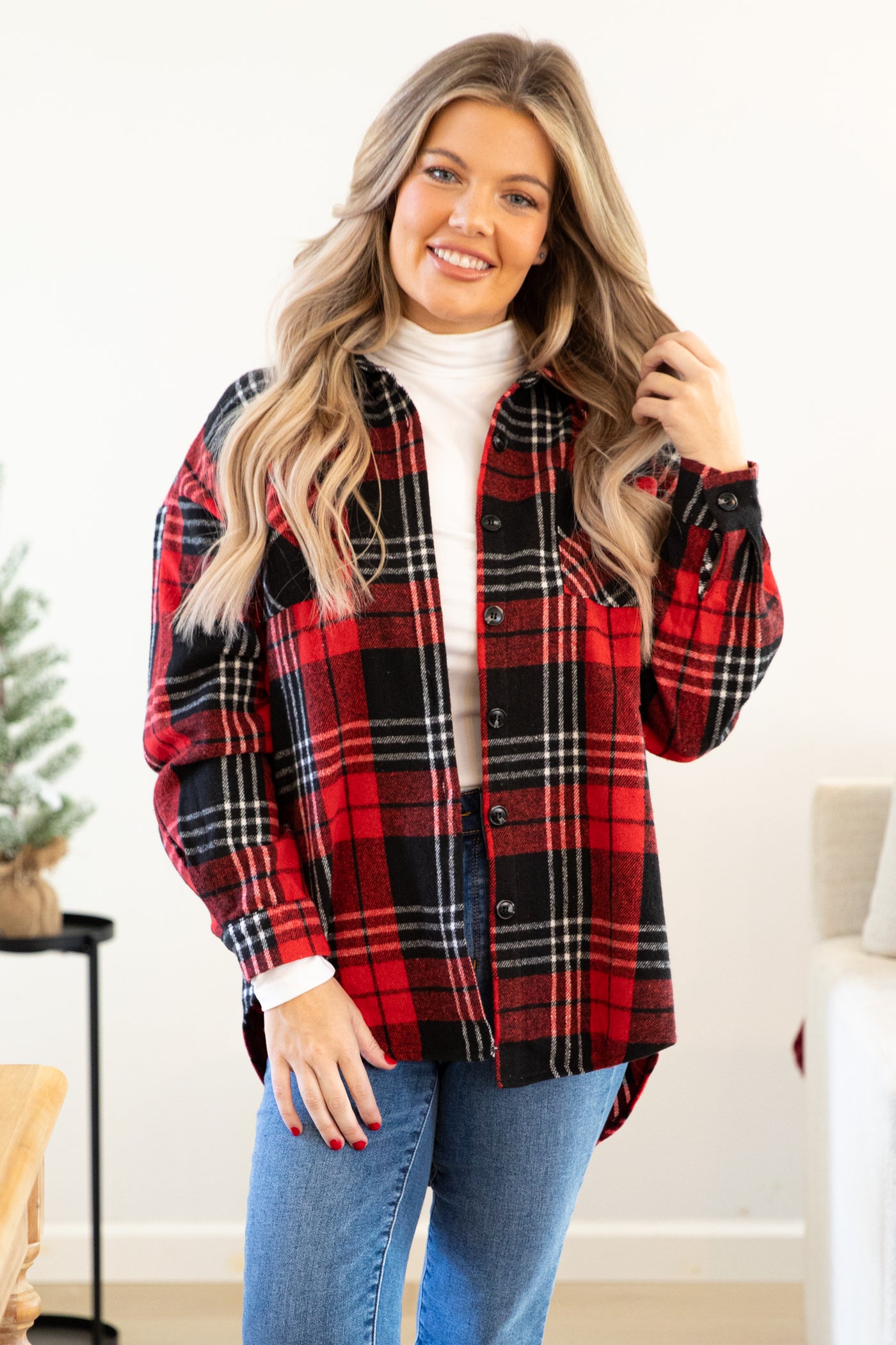 Red and Black Plaid Button Up Top With Pockets