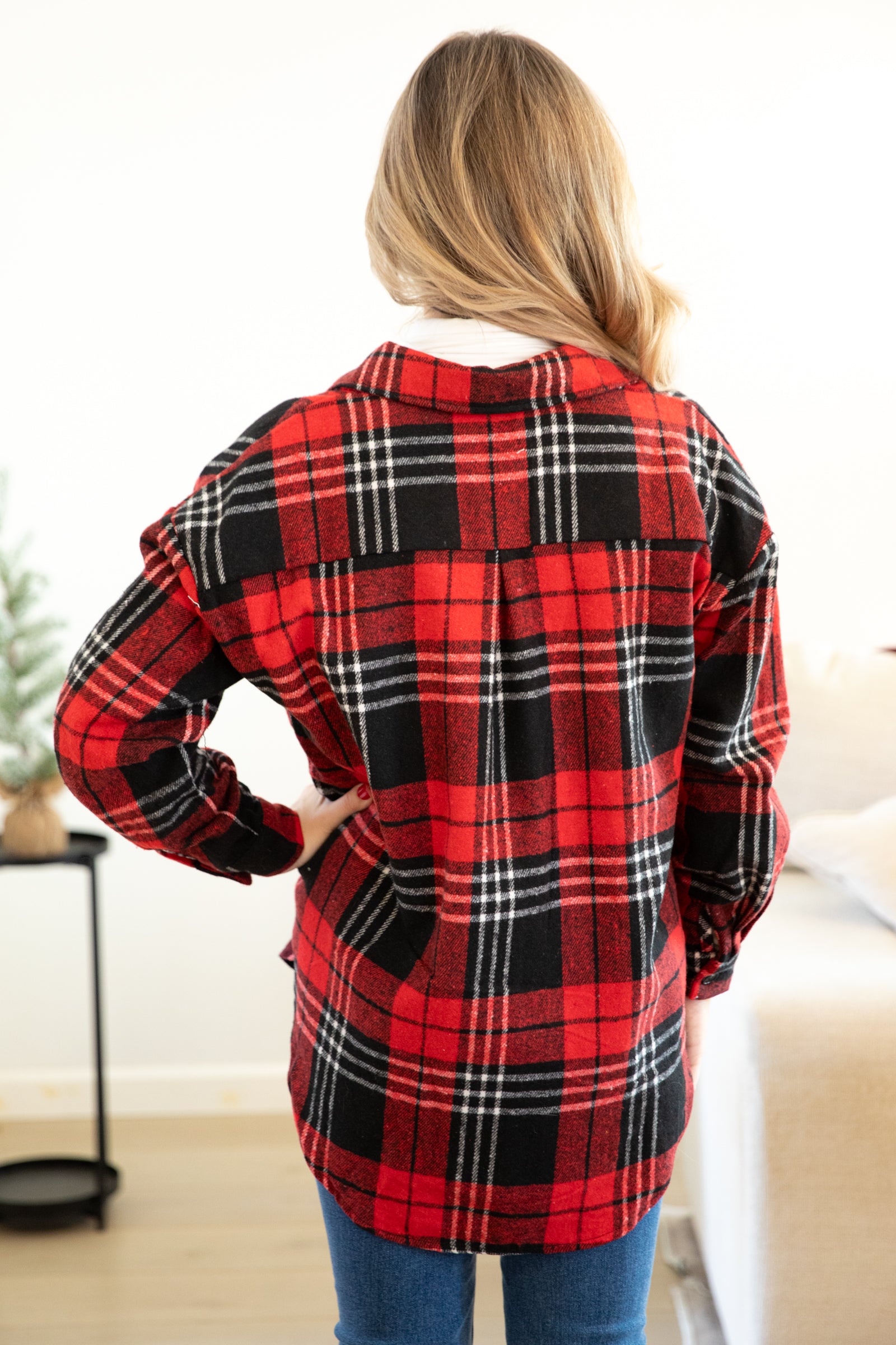 Red and Black Plaid Button Up Top With Pockets