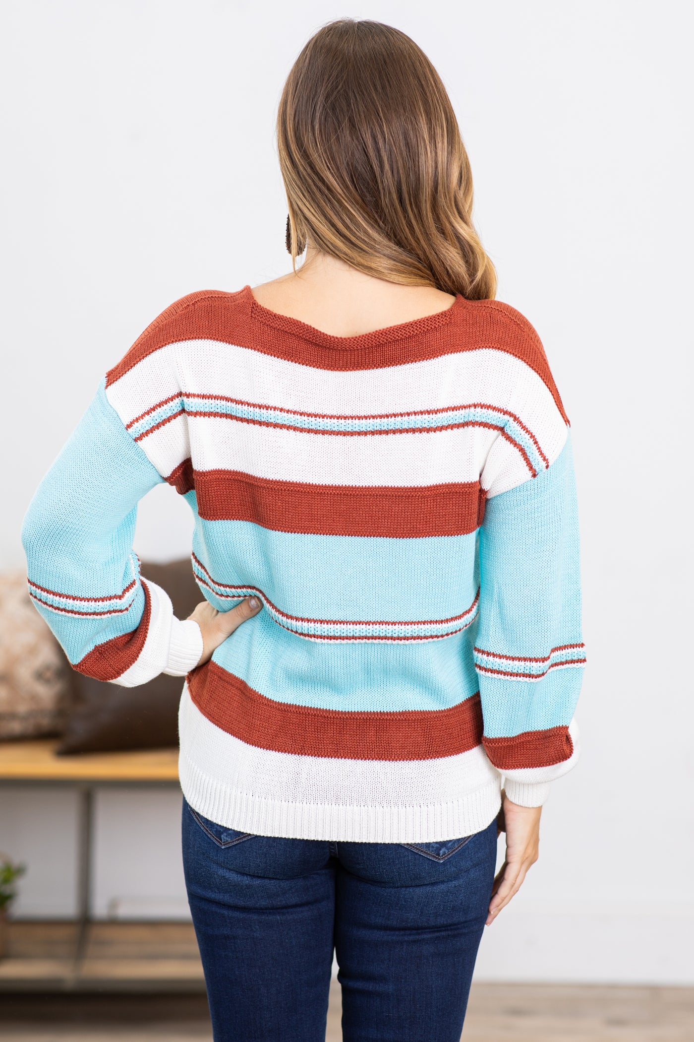 Aqua and Maroon Stripe Sweater