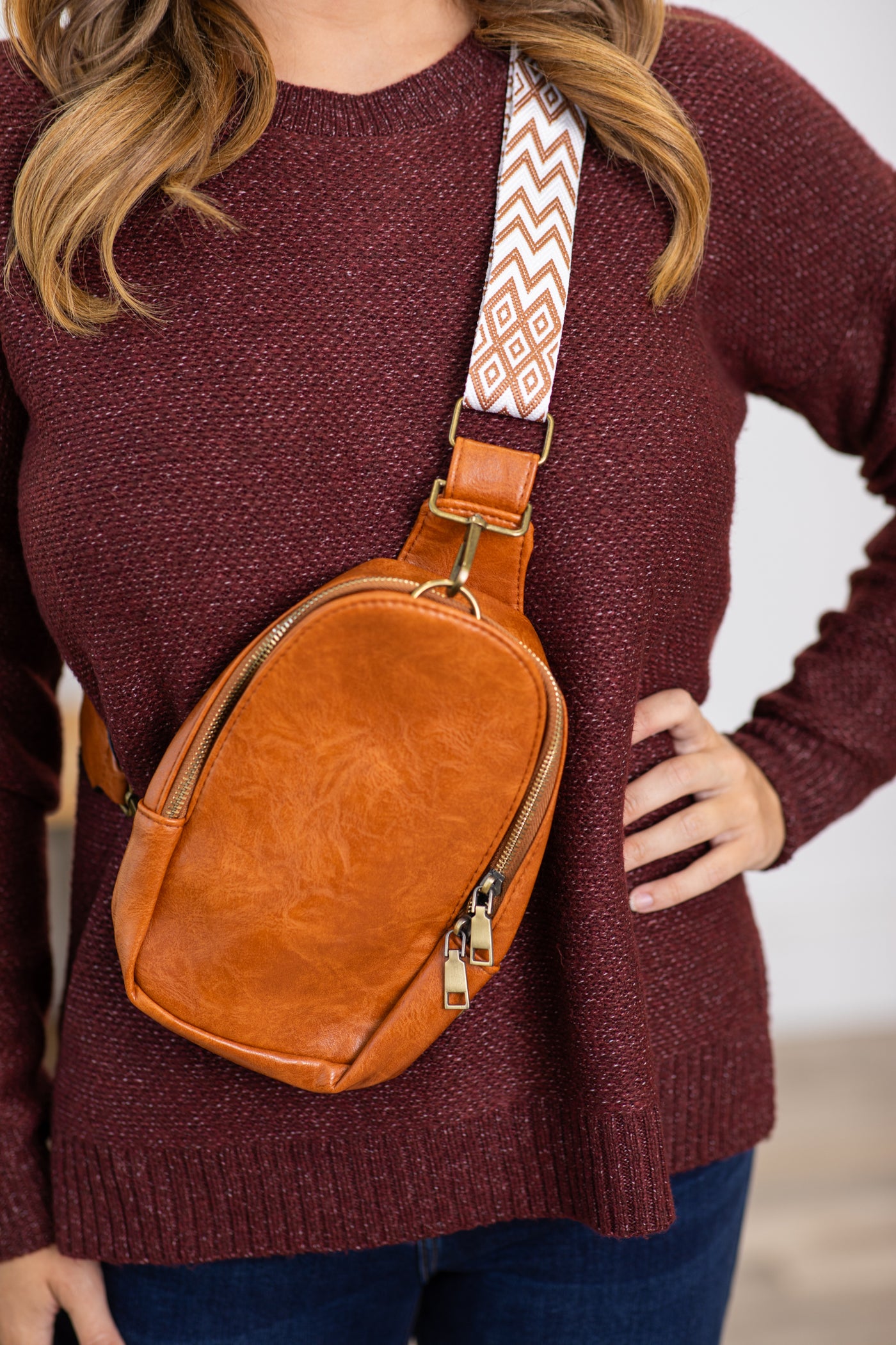 Camel Sling Bag With Aztec Printed Strap
