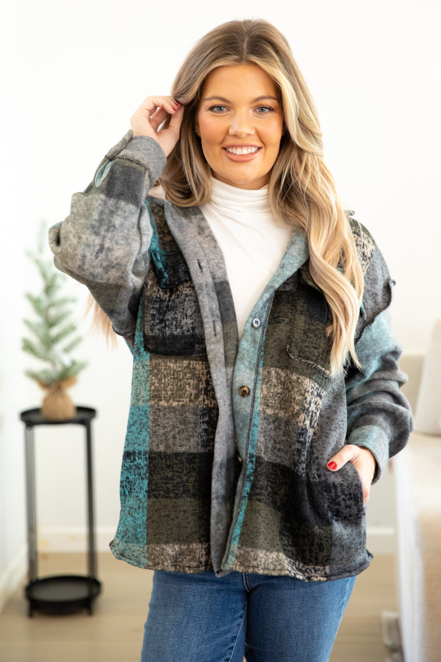 Charcoal and Aqua Plaid Jacket With Knit Hood