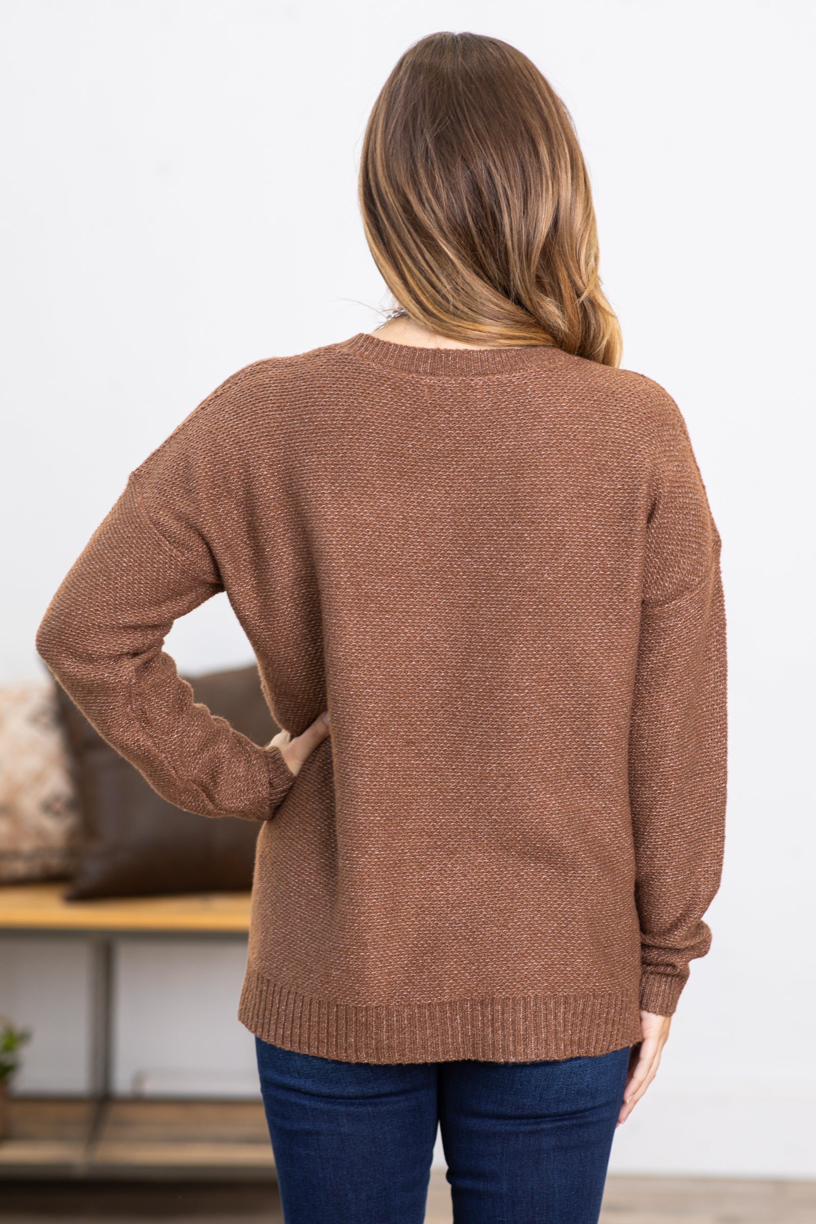 Brown Ribbed Trim Round Neck Sweater