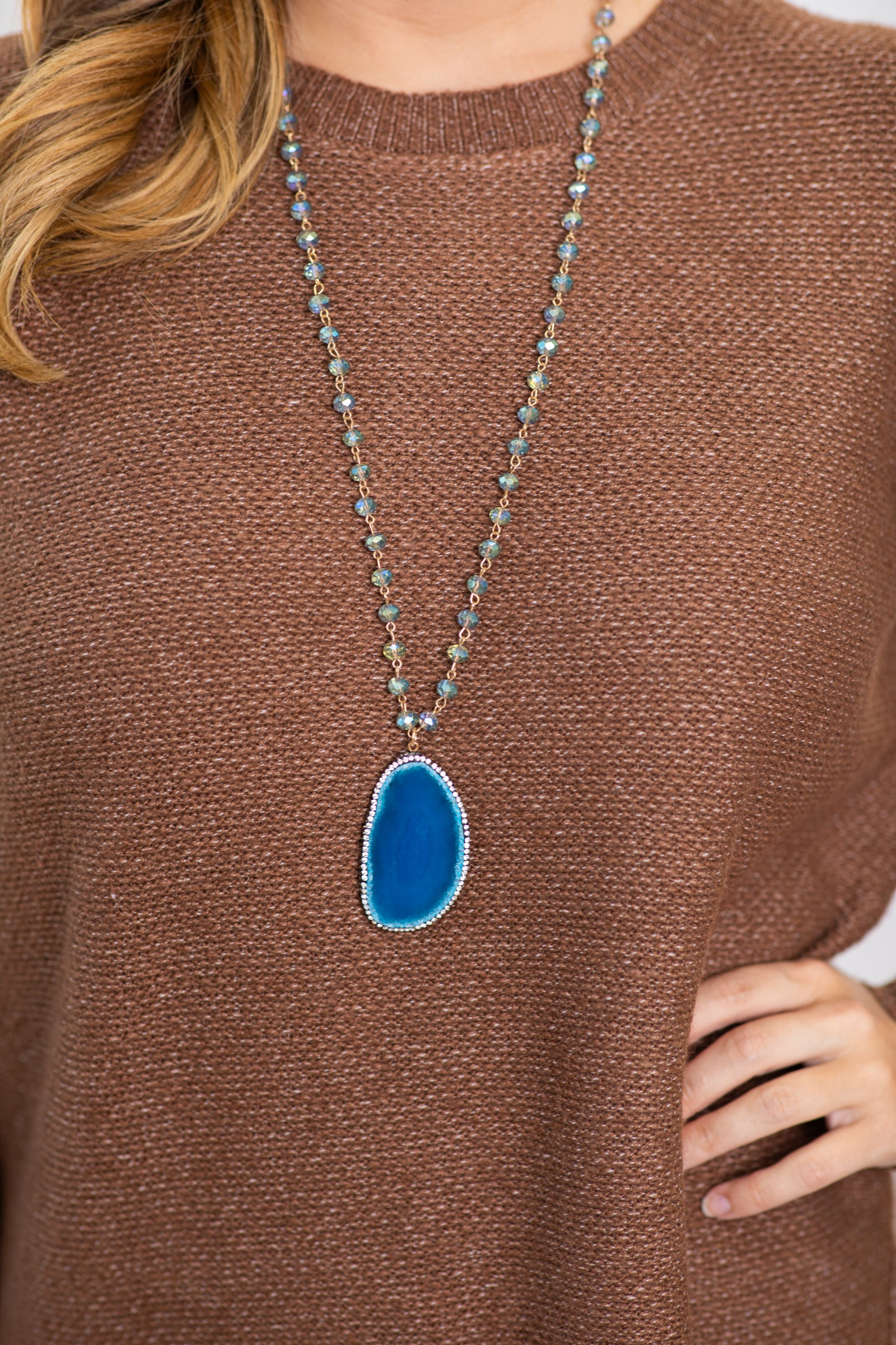 Slate Blue Natural Stone Pendant Long Necklace