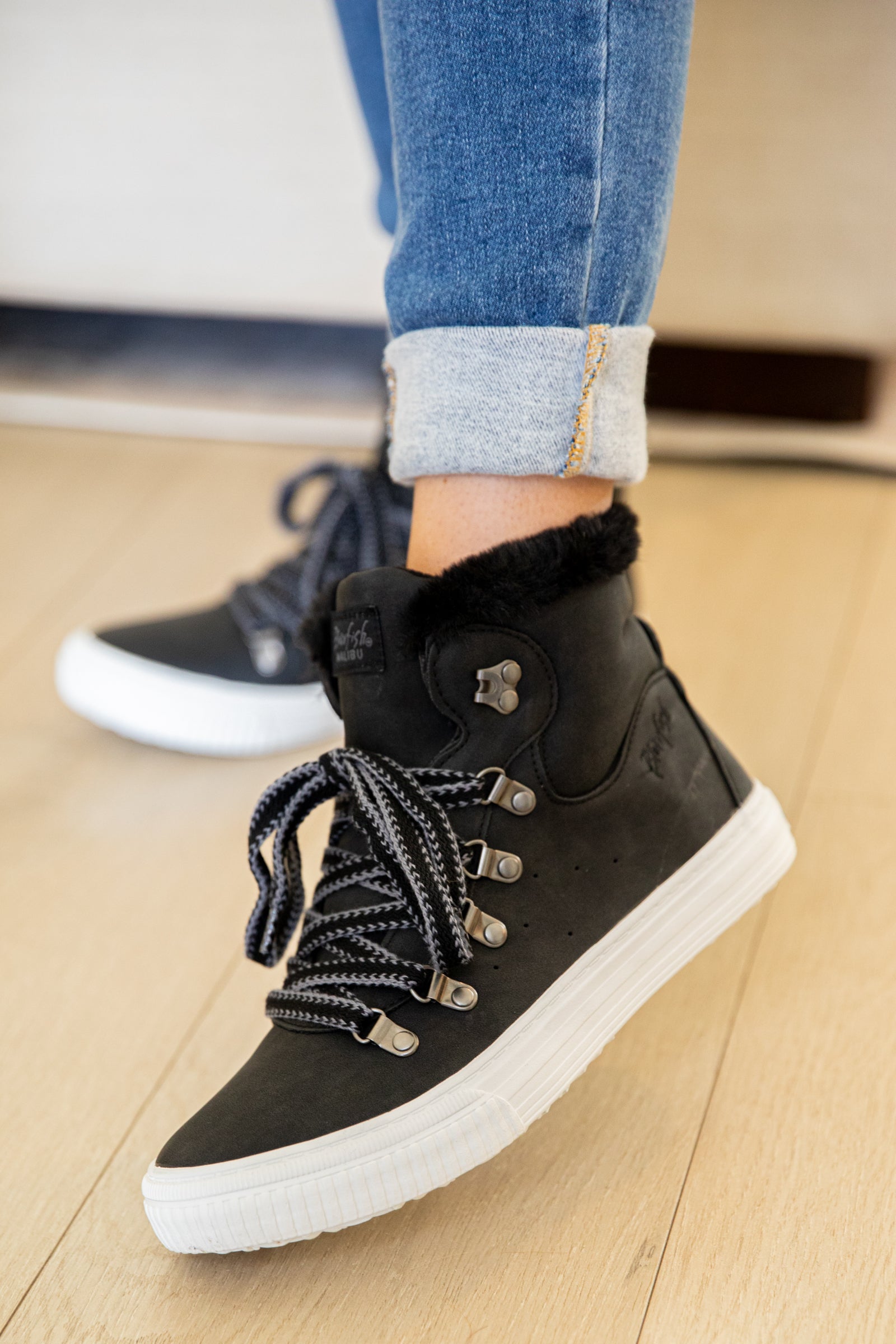 Black High Top Sneakers With Faux Fur Trim